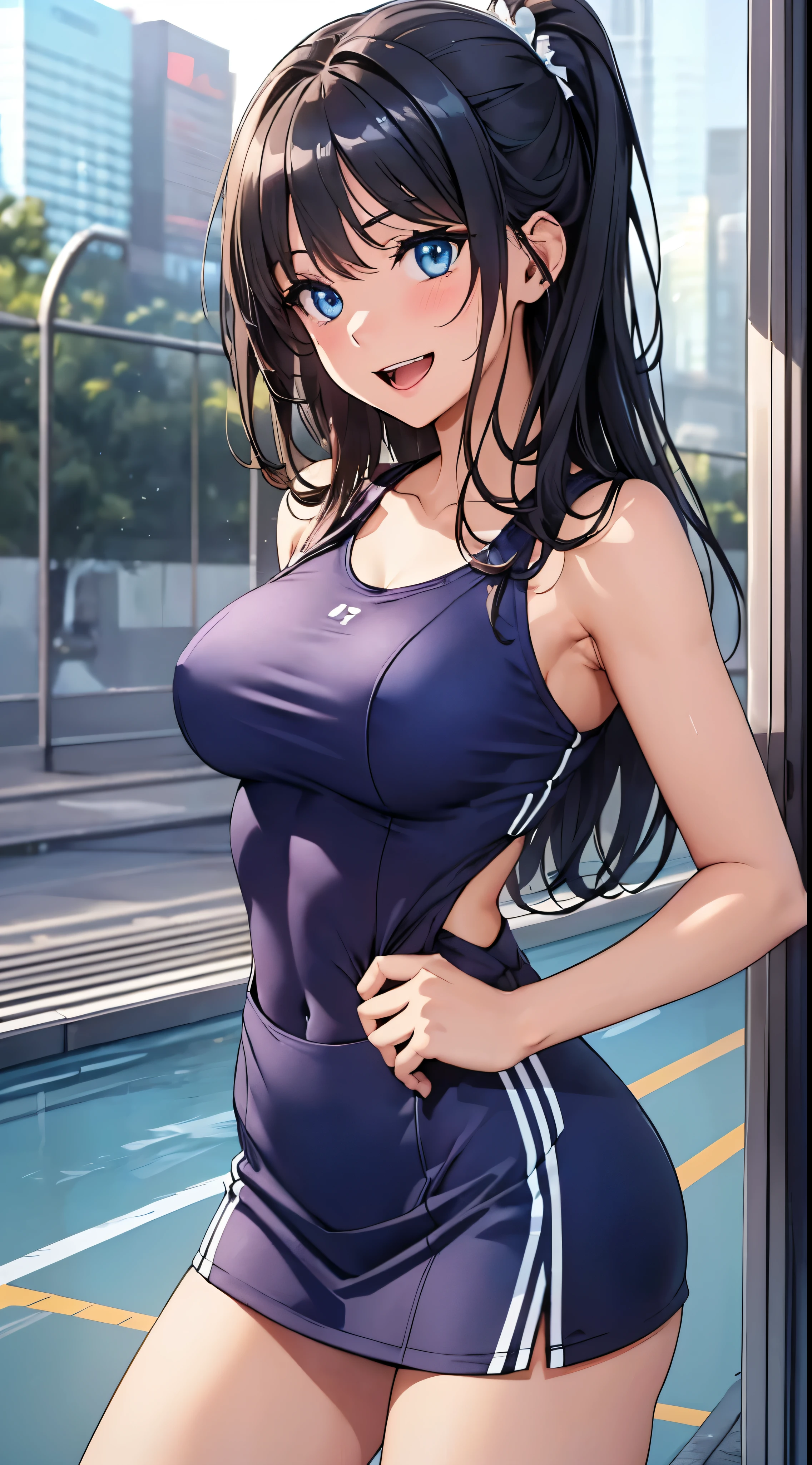 1womanl,Black hair,14years ,(()),Beautiful breasts,(((Sexy white and blue shiny gym uniform and micro skirt)))(())(((Blushing cheeks、Smile with open mouth)),(((Satin Narico))),((( portlate))),Crowds,Shiny white and blue gym uniform and microskirt,Wet with sweat