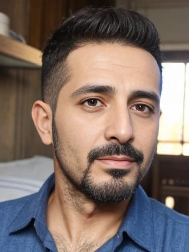 Lebanese man, ugly, short thin hair, facial hair, lazy, 40 years old, shirt,