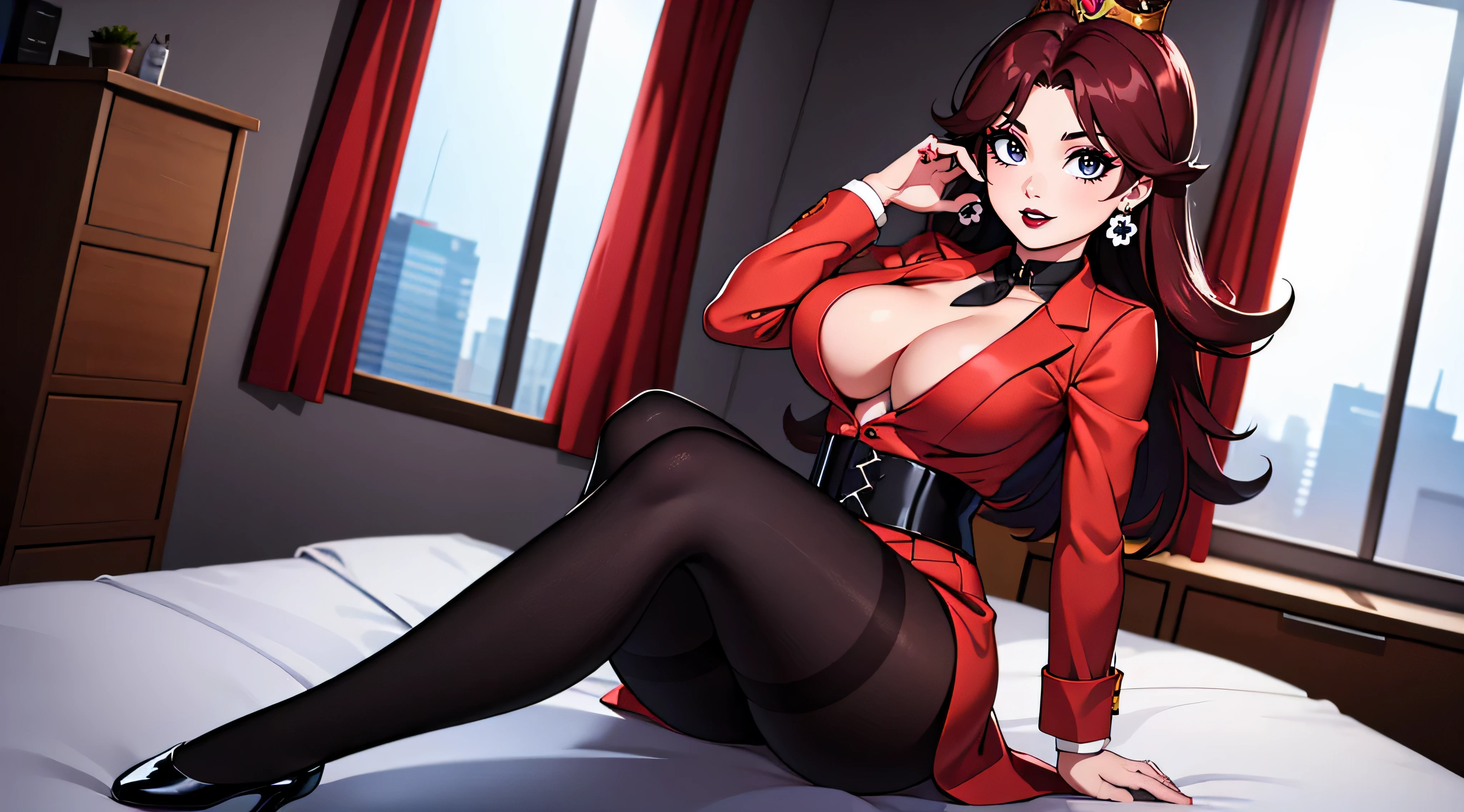 ((high detailed, best quality, 4k, masterpiece, hd:1.3)), landscape, (in office), indoors, business office, Office workers working in the office, many people are busy working, standing, window, desk, chair, computer, ceiling light, (panoramic shot), a full-length shot of Princess Daisy lying on a desk, neon blue eyes, BREAK blue eyes, seductive, attractive, sexy smile, smiling, smooth anime cg art, 36C breasts, long legs, vivid colors, detailed digital art, slim body, perfect skin, dark red hair, long hair, dark hair, red hair, BREAK crown, cleavage, 36C cleavage, looking at viewer, BREAK looking at viewer, extremely detailed face, black necktie, tight red skirt, red suit, red jacket, black shirt, red pencil skirt, mini red skirt, full body, (red high heels), earrings, gem, dark black makeup lips, dark gothic eyeshadows, dark eyeshadows, black eyeshadows, black sexy lips, black lips, (dark:1.2), dark lips, very dark lips, (perfect hands, perfect anatomy), black makeup, black medium lips, black thick lips, detailed fingers, five fingers per hand, 5 fingers, (1 girl), detailed lips, detailed black lips, black painted lips, gothic painted lips, (breast focus), (breasts out:1.3),