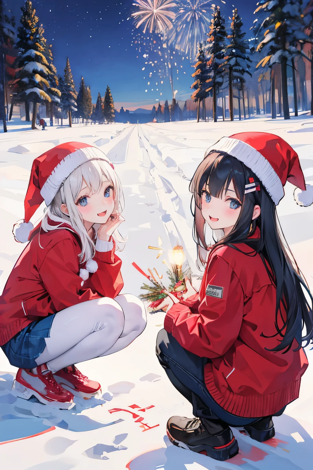3 girls, squatting, around by snow, Christmas,  new year, holding fireworks, smiles, having fun