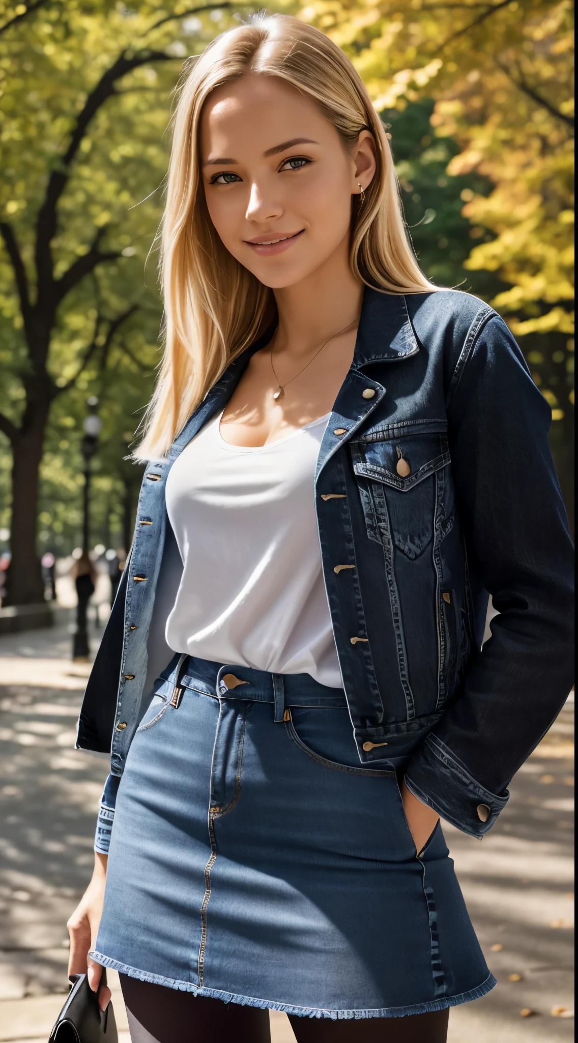 Foto hiperrealista en primer plano de 20 years old Maria Bello, masterpiece, best quality, (photorealistic:1.4), (blue jeans jacket over white blouse:1.1), (blue jeans midi skirt:1.2), (black delicate tights:1.2) heels, in the New York Central Park, sunny day,, cinematic light, beautiful woman, skinny, small breasts, straight blond hair, detailed face, smile, facing the camera, photo taken from a distance, age of 20 years old, (black detights:1.2)