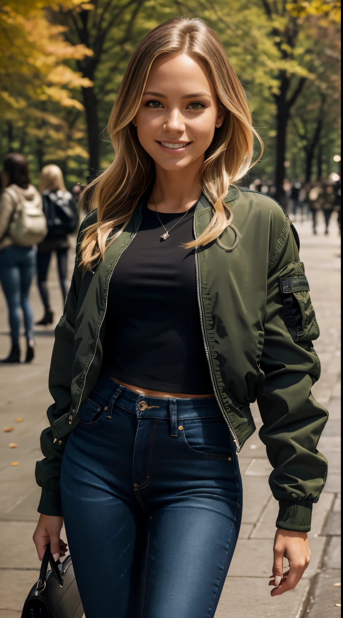 Foto hiperrealista en primer plano de 20 years old Maria Bello,  masterpiece, best quality, (photorealistic:1.4), (army green bomber jacket over black blouse:1.1), (blue jeans:1.2) heels, in the New York Central Park, sunny day,, cinematic light, beautiful woman, skinny, small breasts, straight blond hair, detailed face, smile, facing the camera, photo taken from a distance, age of 20 years old, (black detights:1.2)