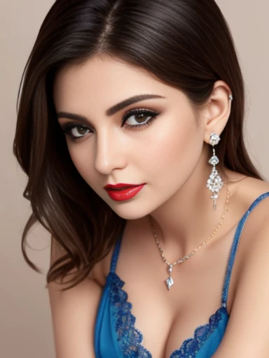 Lebanese lady, diamond dangling earrings, necklace, bracelets, small breasts, 40 years old, smokey eyes, cleavages, lace blue bra, red lips,