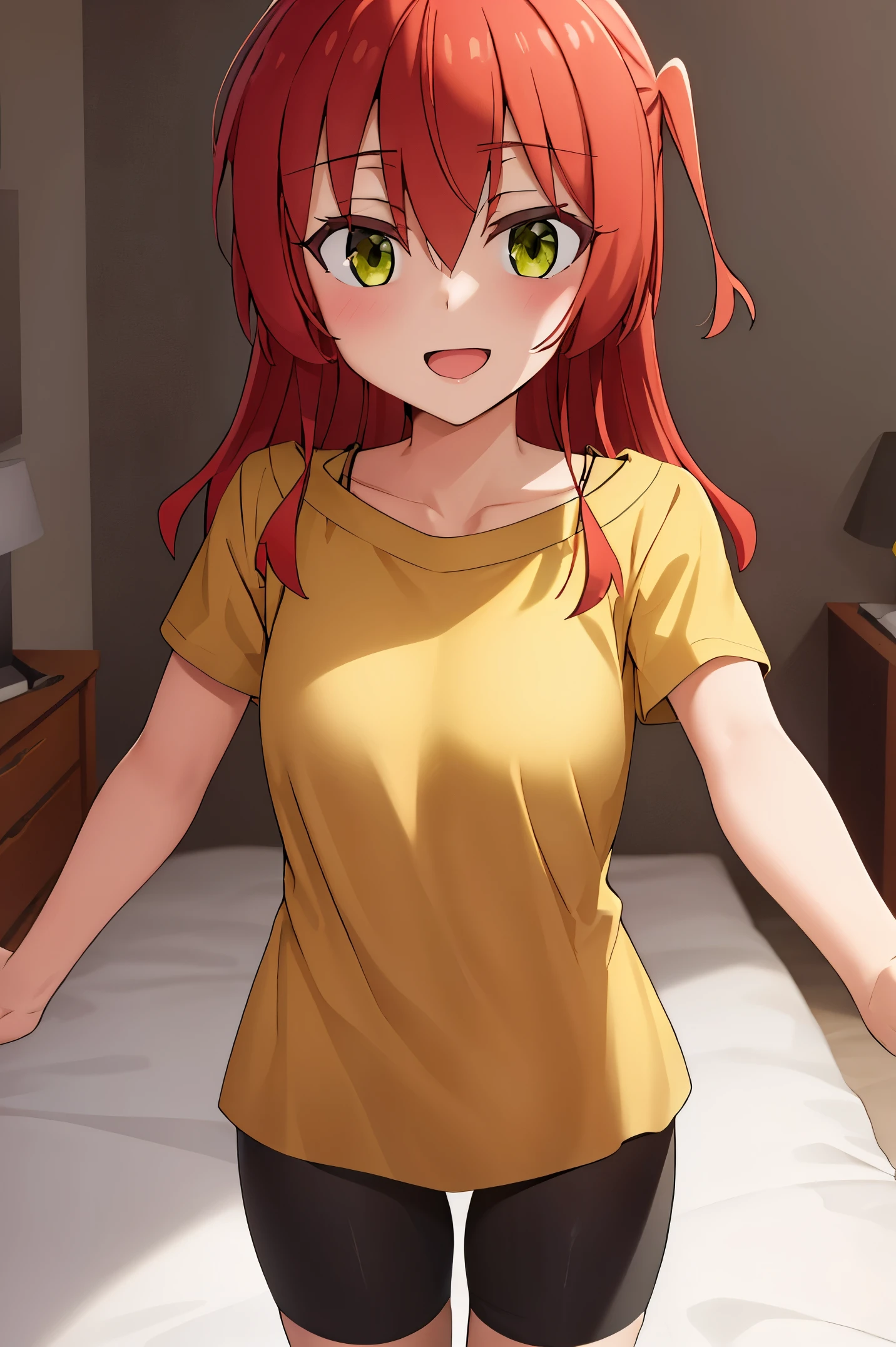 1 girl, best quality, ultra high res, long hair, red hair, green eyes, looking at viewers, small breast, standing, pov, slim body, loli body, small body, smile, open mouth, yellow shirt, short sleeves, bike shorts, bedroom, white bed sheets,