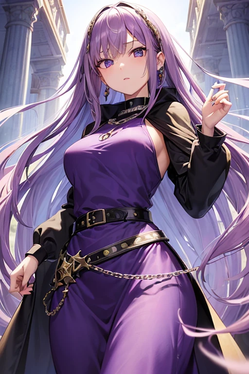 masutepiece, Best Quality, ((teens girl))、((Beautiful detailed eyes))、 (Detailed light)、depth of fields、Light purple hair、Light purple eyes、very long hair、(light purple long dress),(medium breasts)、((Dark blue cloak)),((straight hair))、((chain luxury belt)),(clear face)