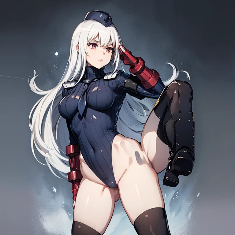 ultra-detailed, Explicit, Beautiful body, Beautiful Nose, Beautiful character design, perfect eyes, perfect face, ultra highres, 4K, beautiful legs, perfect legs, Nice hands, Perfect hand, Masterpiece, Best Quality, Highly detailed, illustration, absurdres, street fighter, doll suit, shadaloo doll, dollsuit, expressionless, blank eyes, looking at viewer, red gloves, emotionless, black latex, corrution, mind control, female combatant, full body, hypnotized, unhappy trance, full body suit, ribbed bodysuit, both arms at side, obey, perfect female body, extremely glossy latex, hypnosis, hypnoLora, empty eyes, Mind control device, poses, submissive_pose, Slave, hat, necktie, stand up straight, standing, standing at attention, hat, necktie, belt, latex, ribbed bodysuit, thighhighs, garter belt, Fighting Stance, extending the right arm from the shoulder into the air with a straightened hand, nazi saluting, military, military saluting, salute, thigh boots, 1girl, Aircraft Carrier Water Demon, kantai Collection, white hair, long hair, tiara, red eyes, pale skin