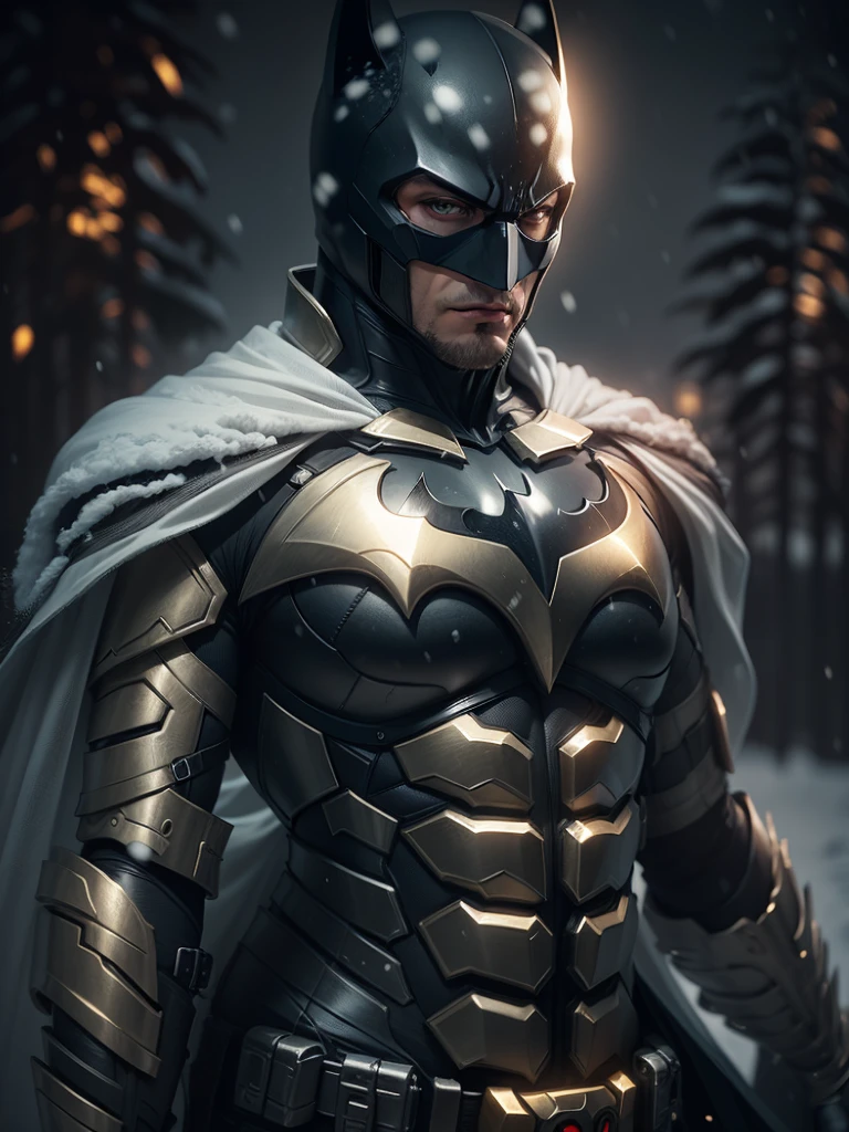Batman full body on a white, gold armor suit, on a black snow forest, snow falling over the armor, the sin shines over the armor suit, hyper realistic, photorealistic, 8K, an award winning photo
