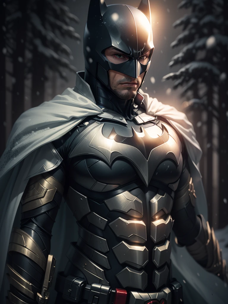 Batman full body on a white, gold armor suit, on a black snow forest, snow falling over the armor, the sin shines over the armor suit, hyper realistic, photorealistic, 8K, an award winning photo