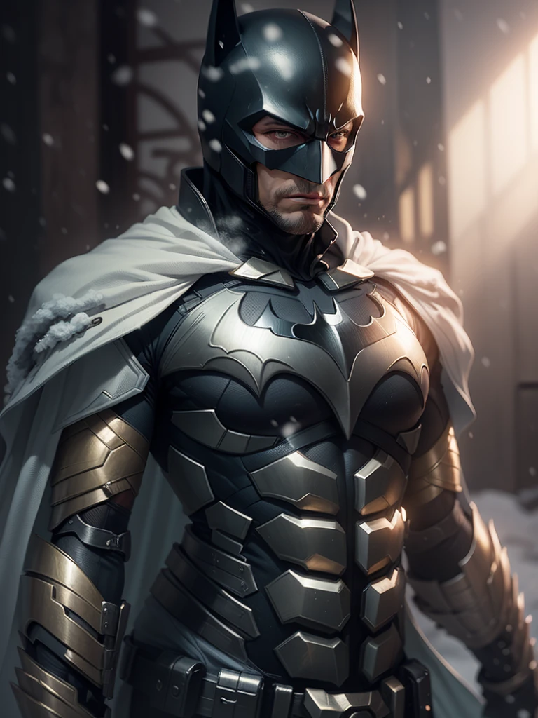 Batman full body on a white, gold armor suit, on a black snow forest, snow falling over the armor, the sin shines over the armor suit, hyper realistic, photorealistic, 8K, an award winning photo