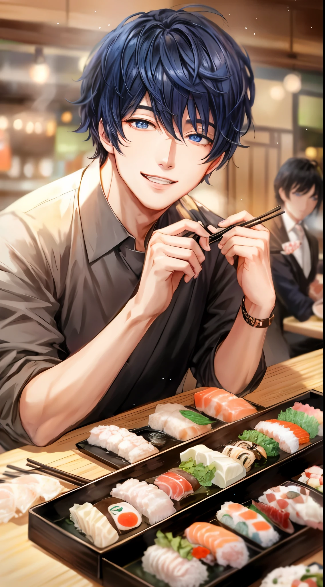 Handsome man、blue eyess、holding chopsticks、Cool Face、Clothes are black、Very detailed CG Unity 8K wallpaper, (Super masterpiece, Beautiful person, well detailed face polluted smile, Photorealistic, hyper realisitic)、sushi izakaya background、jpn