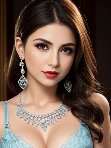 Lebanese lady, diamond dangling earrings, necklace, bracelets, small breasts, 40 years old, smokey eyes, cleavages, lace light blue bra, red lips,