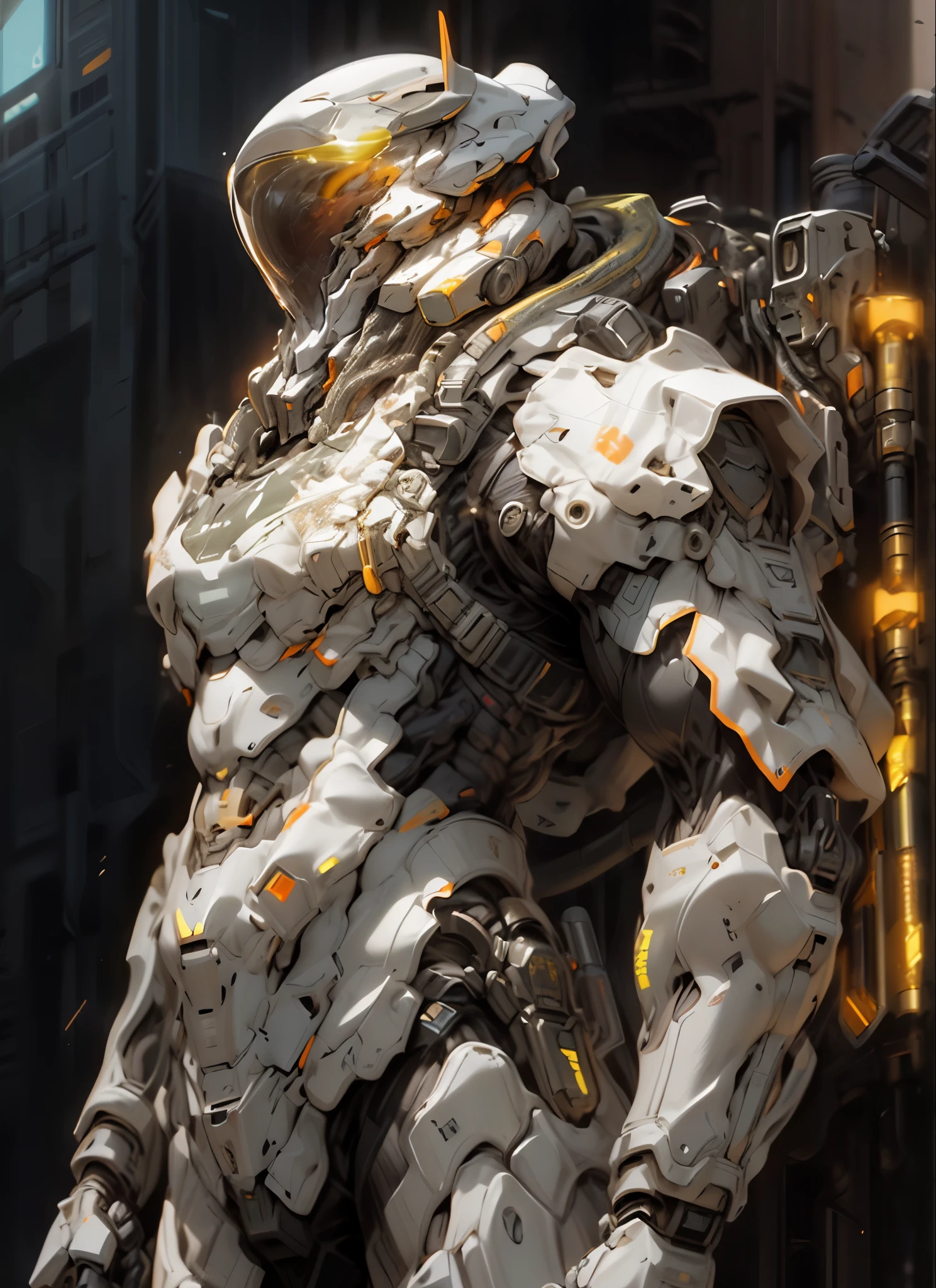 (((An epic and visually stunning digital anime masterpiece featuring a sylphlike masculine ((male:1.5)) decorated military dieselpunk cyborg soldier clad in a sleek yet tactical armored yet decorated leather military trench coat:1.2))), (((flat masculine male chest:1.5, mechanical full head helmet, mecha helmet with narrow orange eyes:1.5))), (((the character adorned in a (scifi tactical armored open front trench coat with a built in exoskeleton:1.5) (over a form fitted armor plated yet super sleek and revealing under suit with waist cut outs:1.3), the armor is beautifully engraved:1.4))), The image showcases the intricacies of the character’s armor and clothing:1.5, ((capturing their flamboyant essence and heavy mecha aesthetic:1.2)). The character also possesses an androgynous charm, (((with slim yet heavily muscled physique:1.2, sylphlike with a sleek waist, toned yet beautifully sleek cybernetic arms:1.3, mechanical arms and legs:1.3, mecha muscles:1.3))), looking at viewer, (((brass metal armor and brown leather, dieselpunk:1.3))), (((depth of field, cinematic lighting, chromatic aberration, ray tracing, UHD, masterpiece, top of head covered, super detail, high details, high quality, award winning, 8k, highres)))