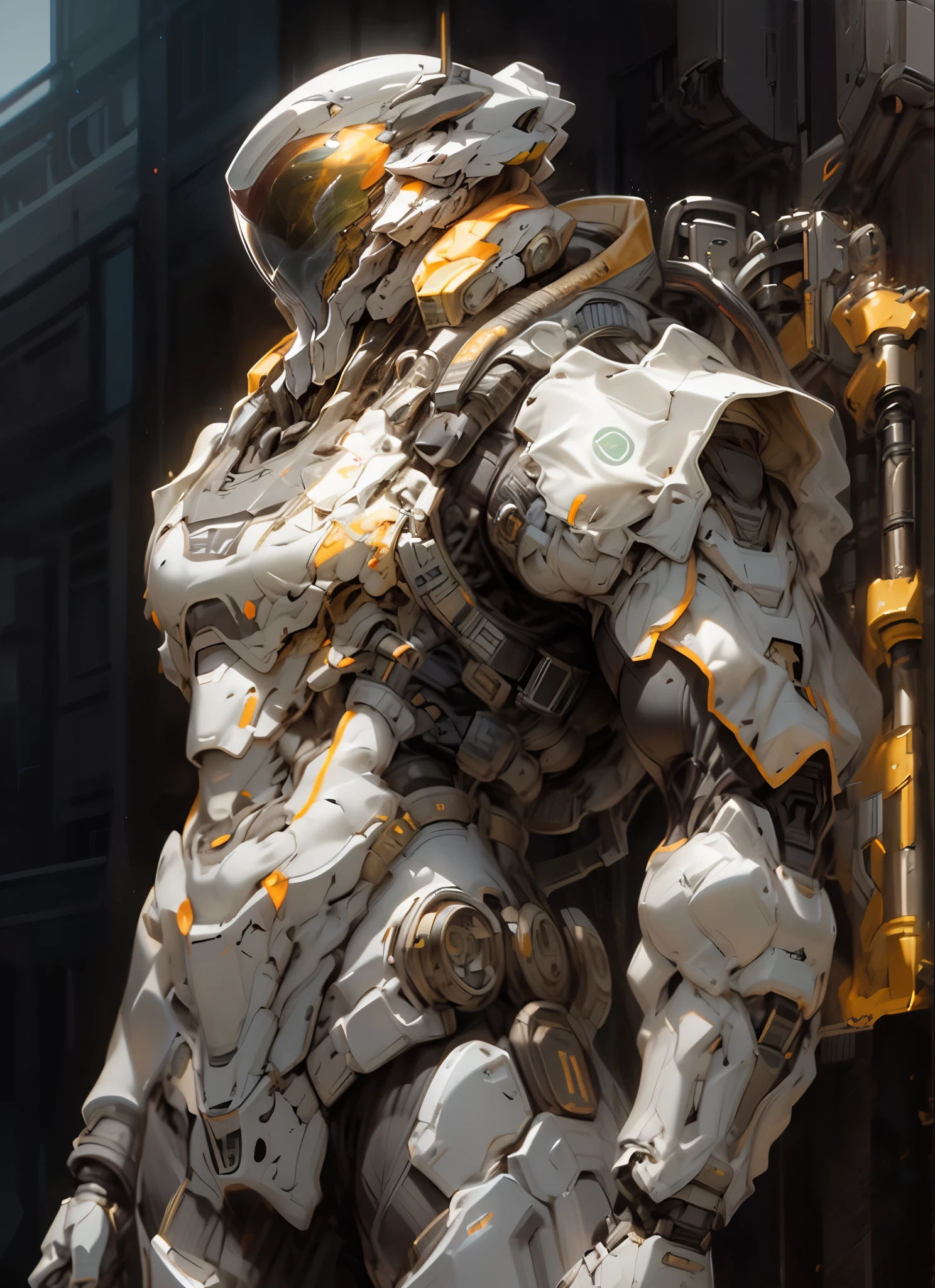 (((An epic and visually stunning digital anime masterpiece featuring a sylphlike masculine ((male:1.5)) decorated military dieselpunk cyborg soldier clad in a sleek yet tactical armored yet decorated leather military trench coat:1.2))), (((flat masculine male chest:1.5, mechanical full head helmet, mecha helmet with narrow orange eyes:1.5))), (((the character adorned in a (scifi tactical armored open front trench coat with a built in exoskeleton:1.5) (over a form fitted armor plated yet super sleek and revealing under suit with waist cut outs:1.3), the armor is beautifully engraved:1.4))), The image showcases the intricacies of the character’s armor and clothing:1.5, ((capturing their flamboyant essence and heavy mecha aesthetic:1.2)). The character also possesses an androgynous charm, (((with slim yet heavily muscled physique:1.2, sylphlike with a sleek waist, toned yet beautifully sleek cybernetic arms:1.3, mechanical arms and legs:1.3, mecha muscles:1.3))), looking at viewer, (((brass metal armor and brown leather, dieselpunk:1.3))), (((depth of field, cinematic lighting, chromatic aberration, ray tracing, UHD, masterpiece, top of head covered, super detail, high details, high quality, award winning, 8k, highres)))