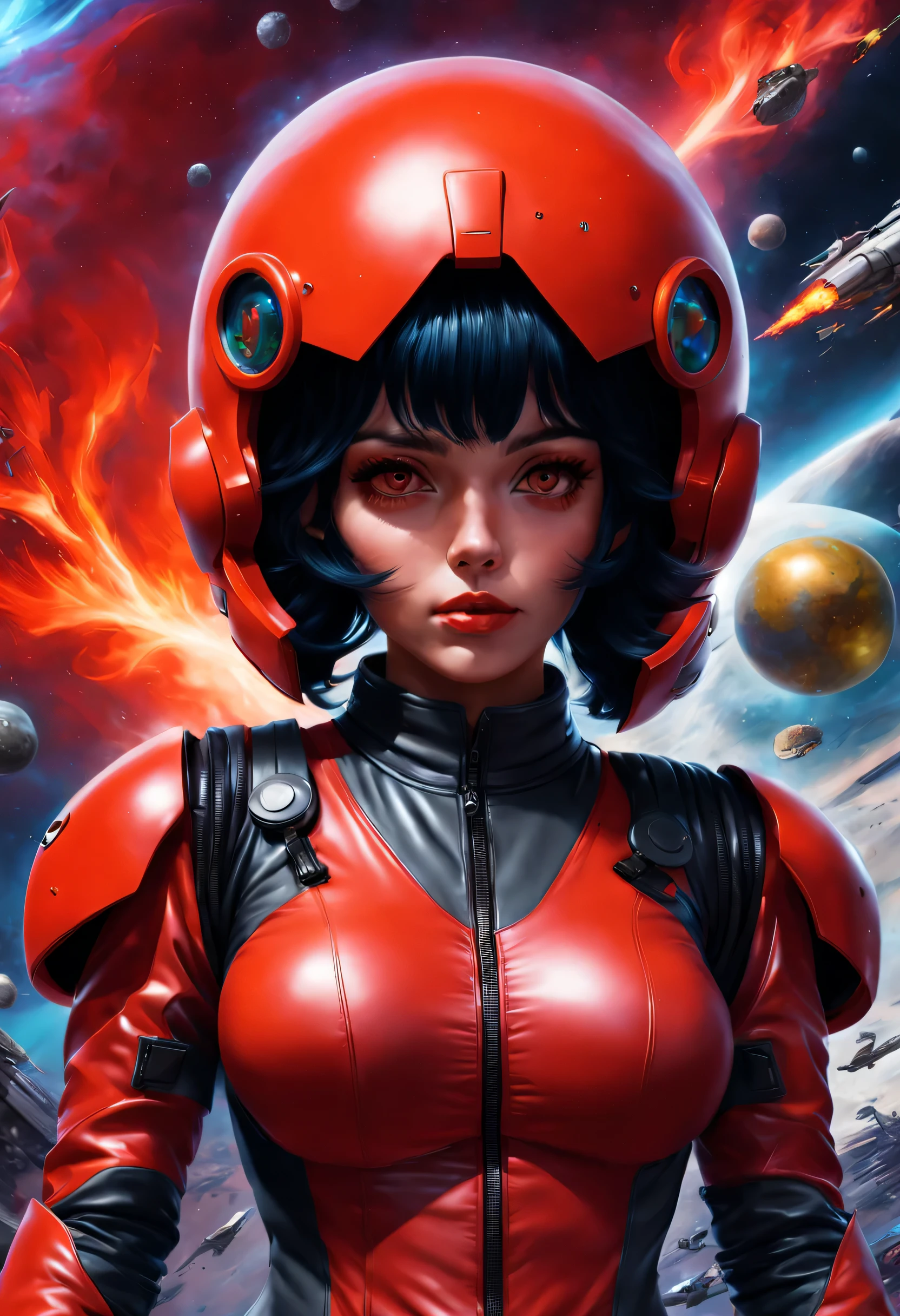 1 girl, chaqueta roja ardiente, Traje ajustado,Space rudder from the 1960s,and the 1980s G Force anime series,Estilo fantasma en el shell, May Punk wlop piel brillante, Sweet ultra-realistic girl, Espacio helm 60s, holographic, holographic texture, El estilo de WLOP, Espacio, se encuentra sobre un pedestal,( with Espacioships in the background)
