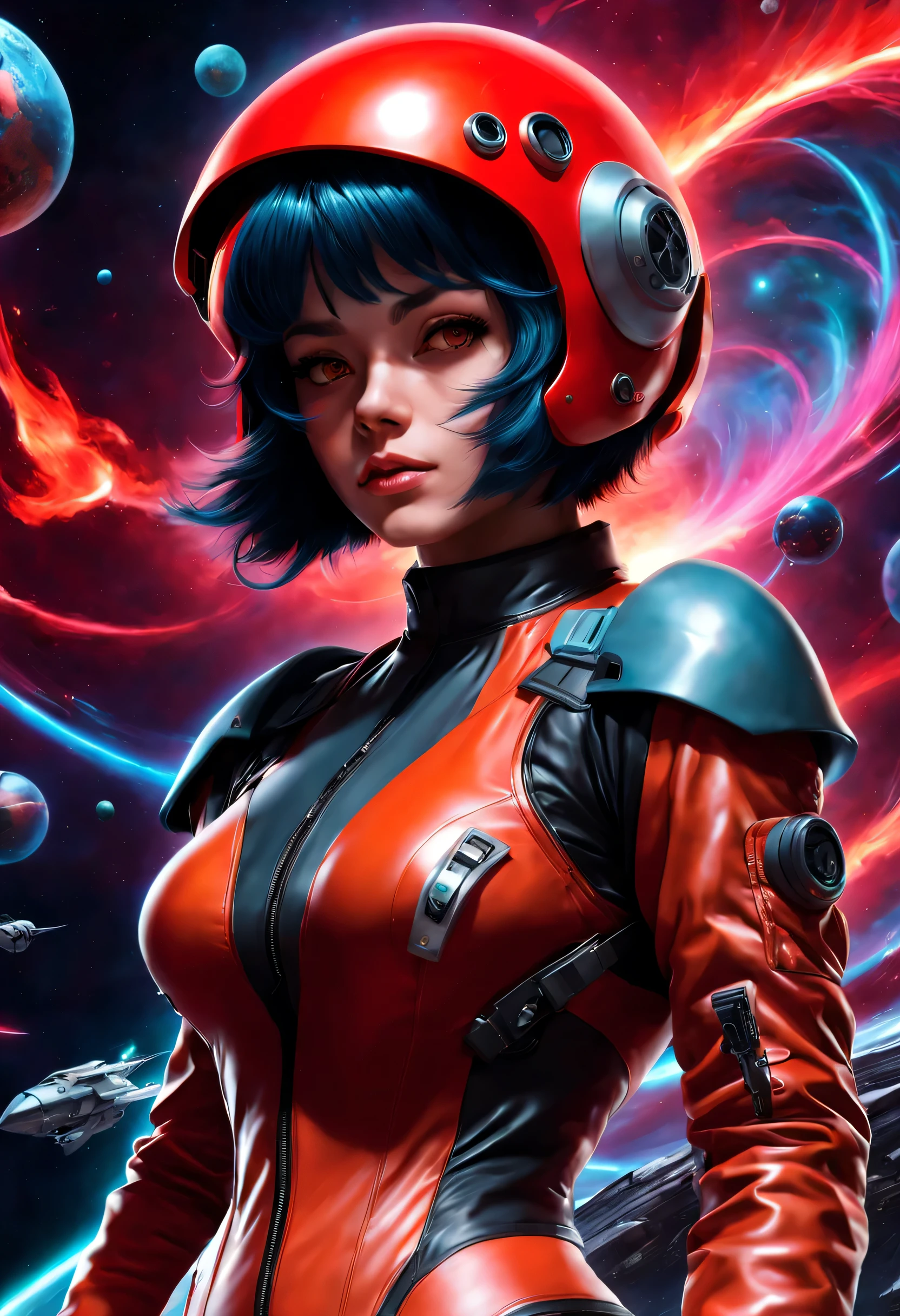 1 girl, chaqueta roja ardiente, Traje ajustado,Space rudder from the 1960s,and the 1980s G Force anime series,Estilo fantasma en el shell, May Punk wlop piel brillante, Sweet ultra-realistic girl, Espacio helm 60s, holographic, holographic texture, El estilo de WLOP, Espacio, se encuentra sobre un pedestal,( with Espacioships in the background)