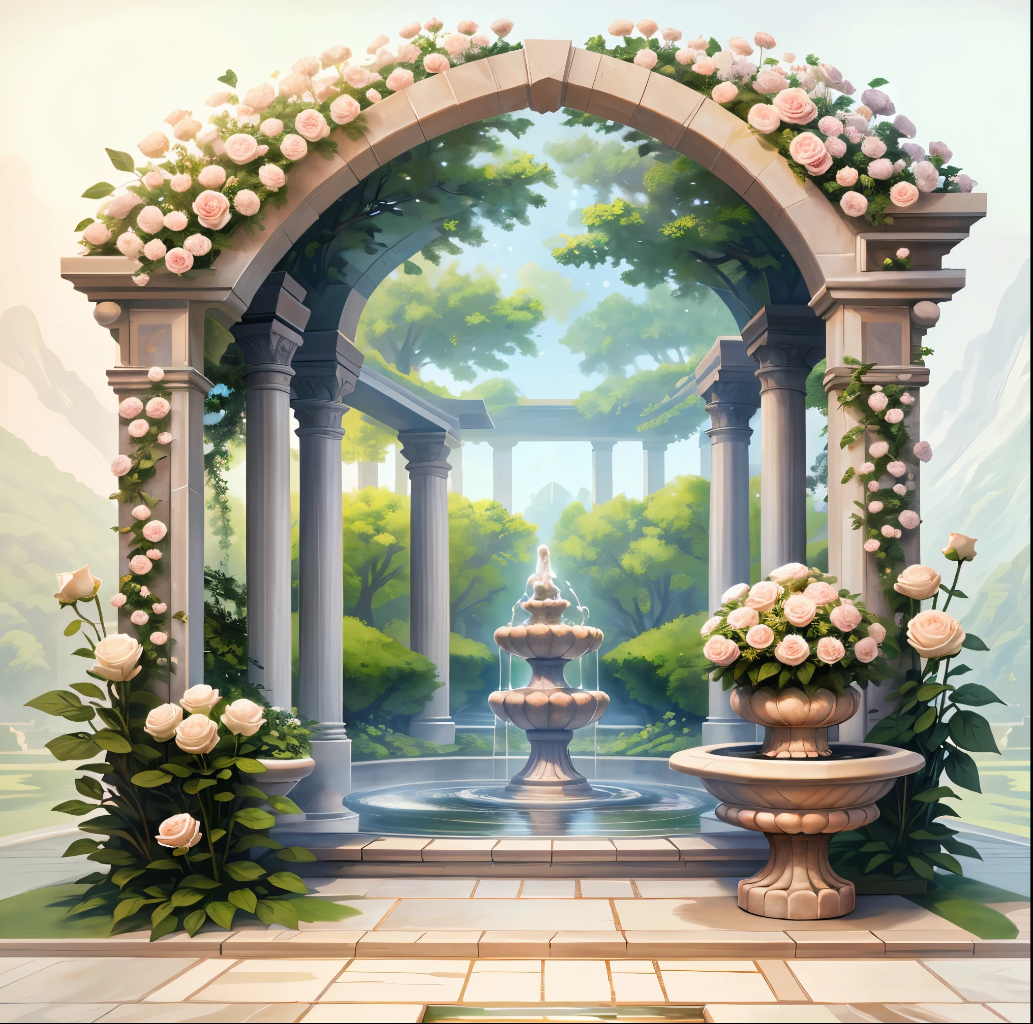 There is a garden，There are marble fountains and flowers, Portal made of white roses, Romantic art style,landscape artwork, A beautiful artistic illustration, Fountains and arches, royal garden background, White Rose Garden, , beautiful artist rendering, 4K, high high quality, tmasterpiece,