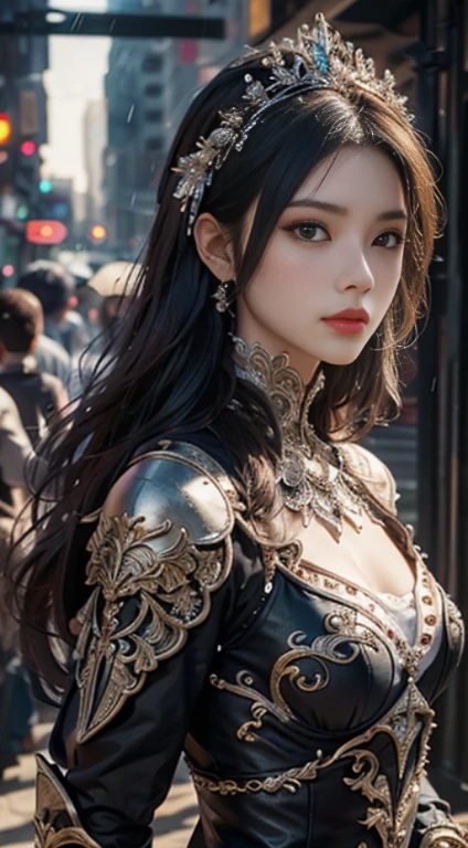 a woman in a black dress, realistic Art Station, hard raining scene, Detailed Fantasy Art, Stunning Character Art, beautiful Exquisite Character Art, Beautiful black Armor, Extremely Detailed, black armor Girl, Exquisite Intricate Headdress and Jewelry, whole body capture