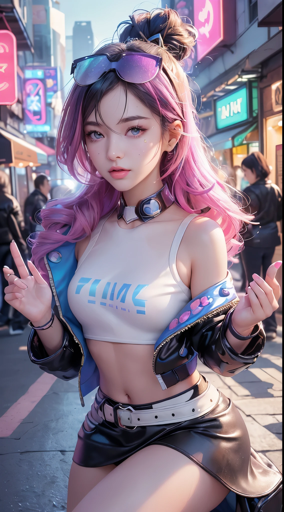 Full body lesbian, 1 slime girl, change, Alone, Eye focuudes exquisite radiance, Pink lens flare, movie background, Colorful, the ultra-detailed, HighDynamicRange, Ultra-detailed eyes, mature, plum, (Supermodel:1.3), (Bioluminescence hair: 1.1), (glowing light eyes), (Cosmetic, Strong, The brilliant colors are absolutely eye-catching, dynamic angle, Beautiful details shine through, 电影灯光,ray-traced reflection, vintagestyle, Life arcade characters, Arcade style world, mitts, jaket, Superskirt,long riding bootlack mitts, black jaket, Drill your hair, Superskirt, Head mirror, (Cute face:1.3),