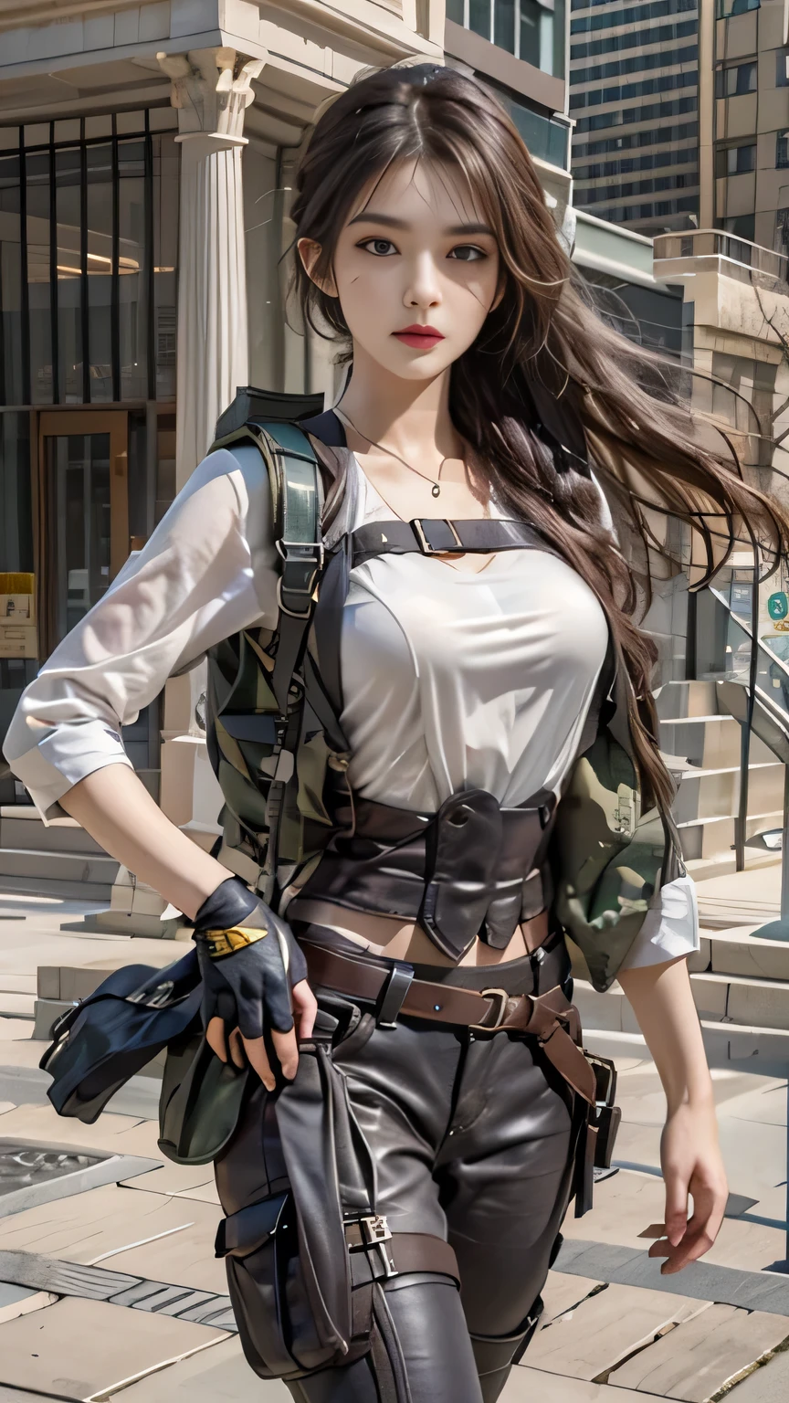 realisticlying, A high resolution, 1人の女性, Alone, hip-up, view the viewer, (详细的脸), long whitr hair, SWAT vests, jewely, medium chest circumference, battlefield outfit, Silver set, Bare belly and shoulders, Bare with thighs, Architectural background, foot on foot,,