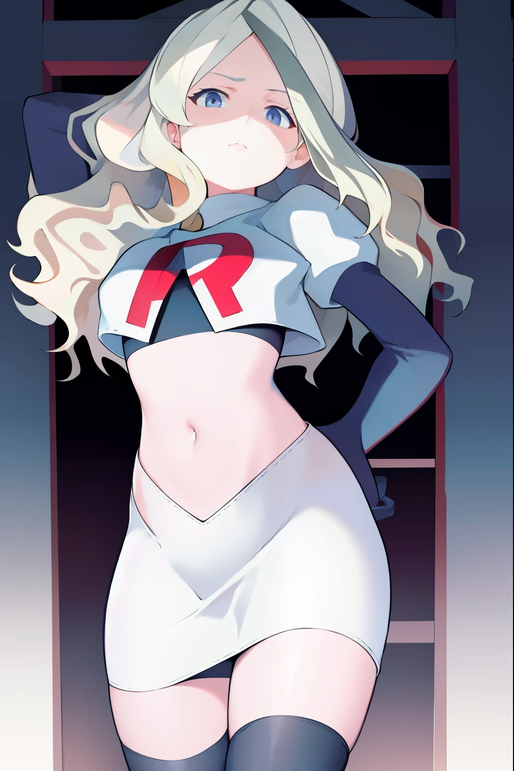 masterpiece, best quality, absurdres, perfect anatomy, 1girl, solo, DianaCavendish, long hair, DianaCavendishBase, team rocket,team rocket uniform, red letter R, white skirt,white crop top,black thigh-highs,black elbow gloves,