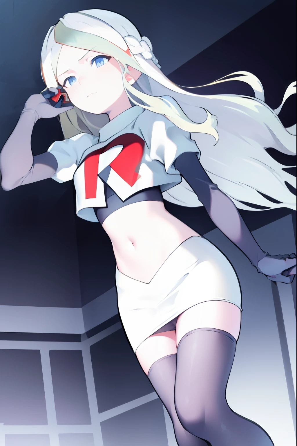 masterpiece, best quality, absurdres, perfect anatomy, 1girl, solo, DianaCavendish, long hair, DianaCavendishBase, team rocket,team rocket uniform, red letter R, white skirt,white crop top,black thigh-highs,black elbow gloves,