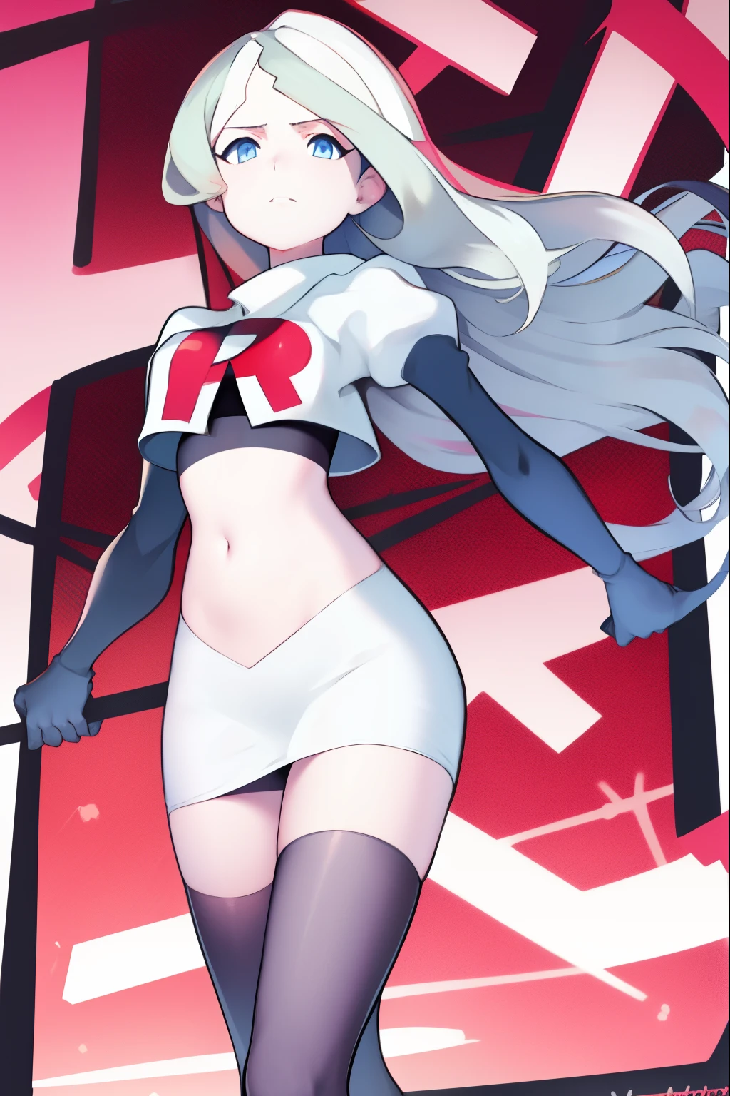 masterpiece, best quality, absurdres, perfect anatomy, 1girl, solo, DianaCavendish, long hair, DianaCavendishBase, team rocket,team rocket uniform, red letter R, white skirt,white crop top,black thigh-highs,black elbow gloves,