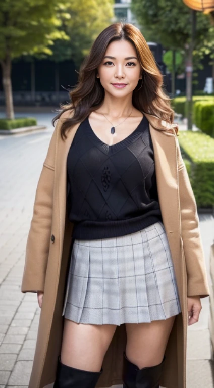 Best Quality, hight resolution, Hires, Skin definition, Detailed skin, Detailed eyes, Detailed face, 4K, 日本人A MILF, ((独奏)), (((50 years old))), (Wrinkles at the corners of the eyes:1.6), (nasolabial folds:1.3), A MILF, glamor, A sexy, Chromo-white skin, ((Wavy Longhair)), Looking at Viewer,(((my skin is old))), ((muscles are old)), (((A slender))), ((Saggy udder)), (Saggy buttocks), ((Japanese Models)), 4K, (photoRealistic:1.5), Realistic, nffsw, Beautiful, Bimbo, Perfect makeup, small diamond necklace, piercings, ((Brown coat, nordic pattern sweater, sleeveless, Argyle pattern pleated skirt, Black long boots )), ssmile, Public places,Full body photo,