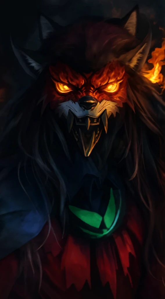 There&#39;s a man in a shirt, tie and mask standing in a hell of fire.,The whole body is surrounded by flame special effects， Villain wearing red ghost mask, Fox mask on head, with Fox mask, wearing a Fox mask, Fox mask, Wojtechfors, profile picture 1024px, Portrait shooting, movie 4k wallpaper, movie 4k wallpaper, Red and movie lighting，angry Cucumber, sorrow eggplant,joy corn,Cucumber, eggplant, corn, bitter gourd with various expressions of joy, anger, sorrow, and joy