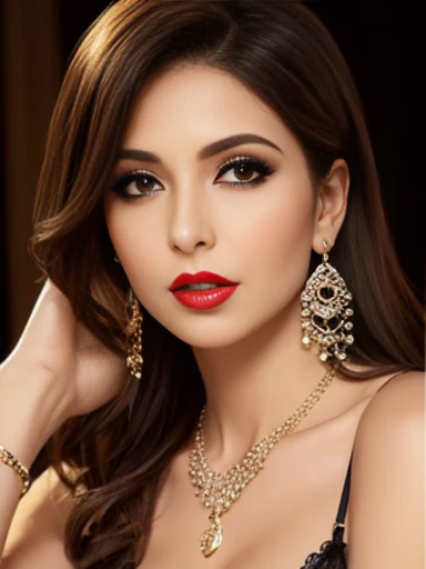 Lebanese lady, diamond dangling earrings, necklace, bracelets, small breasts, 40 years old, smokey eyes, cleavages, lace Yello bra, red lips,
