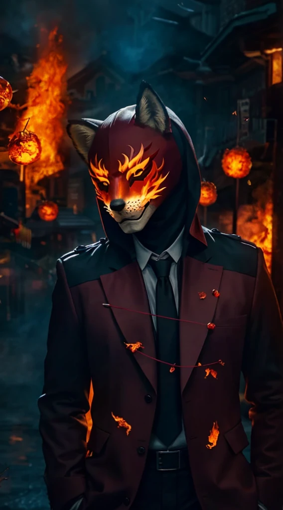 There's a man in a shirt, tie and mask standing in a hell of fire.,The whole body is surrounded by flame special effects, Villain wearing red ghost mask, Fox mask on head, with Fox mask, wearing a Fox mask, Fox mask, Wojtechfors, profile picture 1024px, Portrait shooting, movie 4k wallpaper, movie 4k wallpaper, Red and movie lighting,angry Cucumber, sorrow eggplant,joy corn,Cucumber, eggplant, corn, bitter gourd with various expressions of joy, anger, sorrow, and joy