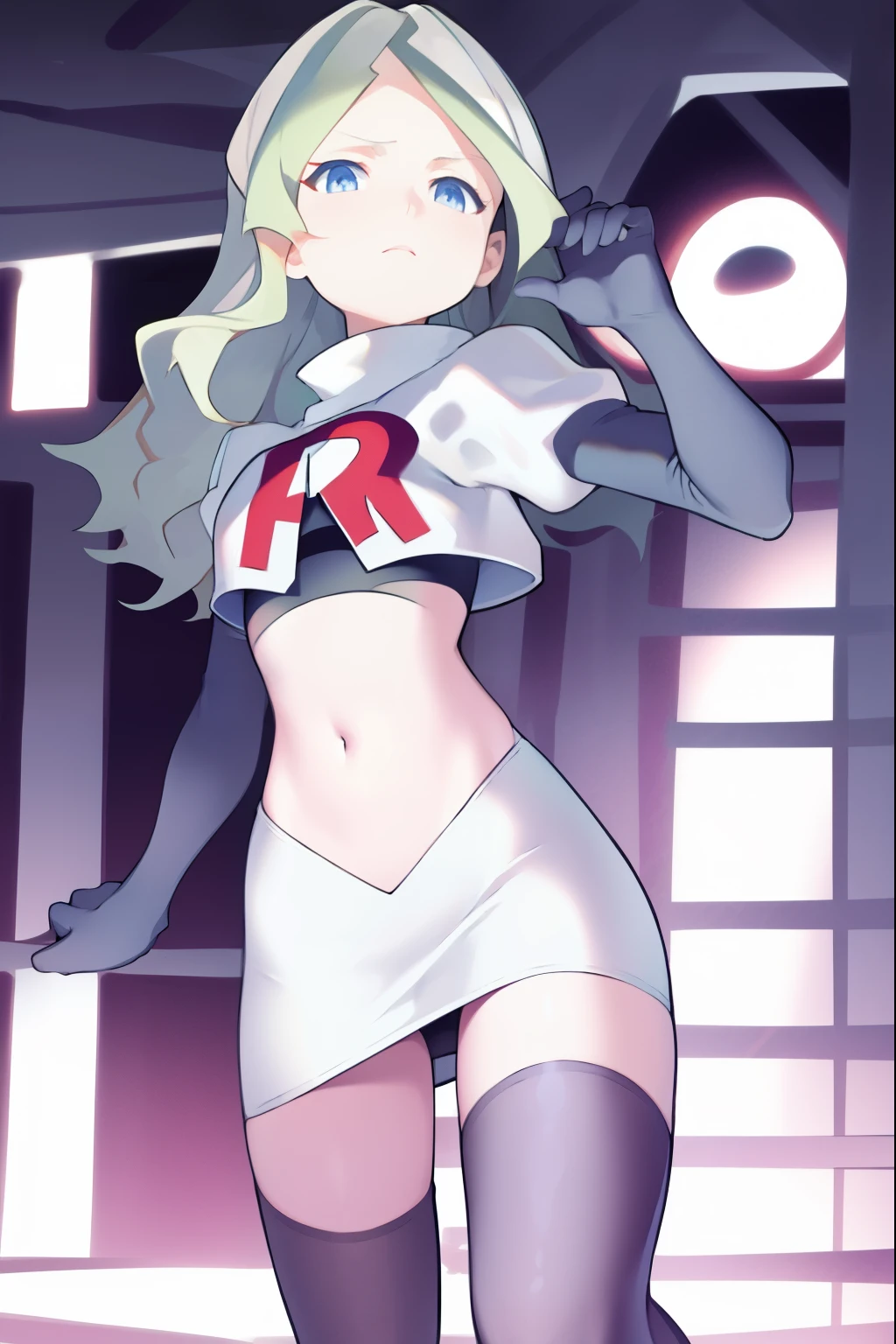 masterpiece, best quality, absurdres, perfect anatomy, 1girl, solo, DianaCavendish, long hair, DianaCavendishBase, team rocket,team rocket uniform, red letter R, white skirt,white crop top,black thigh-highs,black elbow gloves,