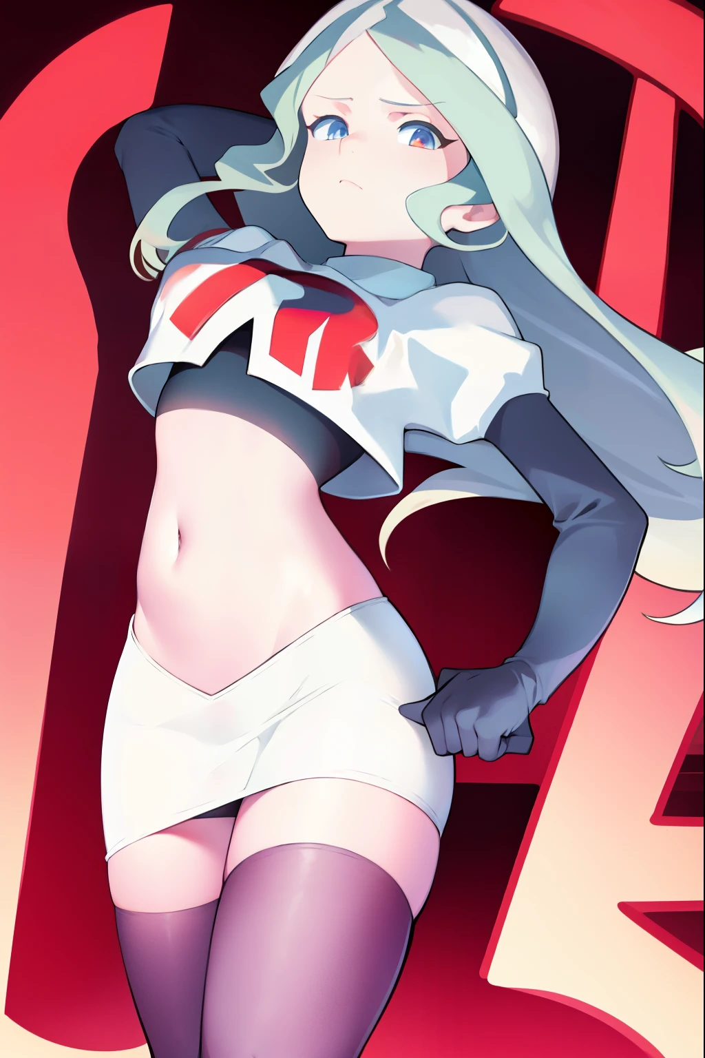 masterpiece, best quality, absurdres, perfect anatomy, 1girl, solo, DianaCavendish, long hair, DianaCavendishBase, team rocket,team rocket uniform, red letter R, white skirt,white crop top,black thigh-highs,black elbow gloves,