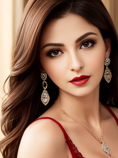 Lebanese lady, diamond dangling earrings, necklace, bracelets, small breasts, 40 years old, smokey eyes, cleavages, lace Yellow bra, red lips,