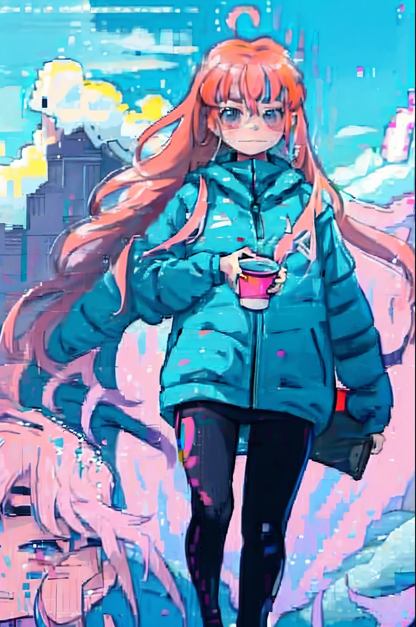 1girl, pink hair, lying in a hammock, holding a cup, a girl running in the background, clean lineart, intense line art, snow, day, high colors, beauty paint pastel paint, beauty art, amazing colors, 8k
