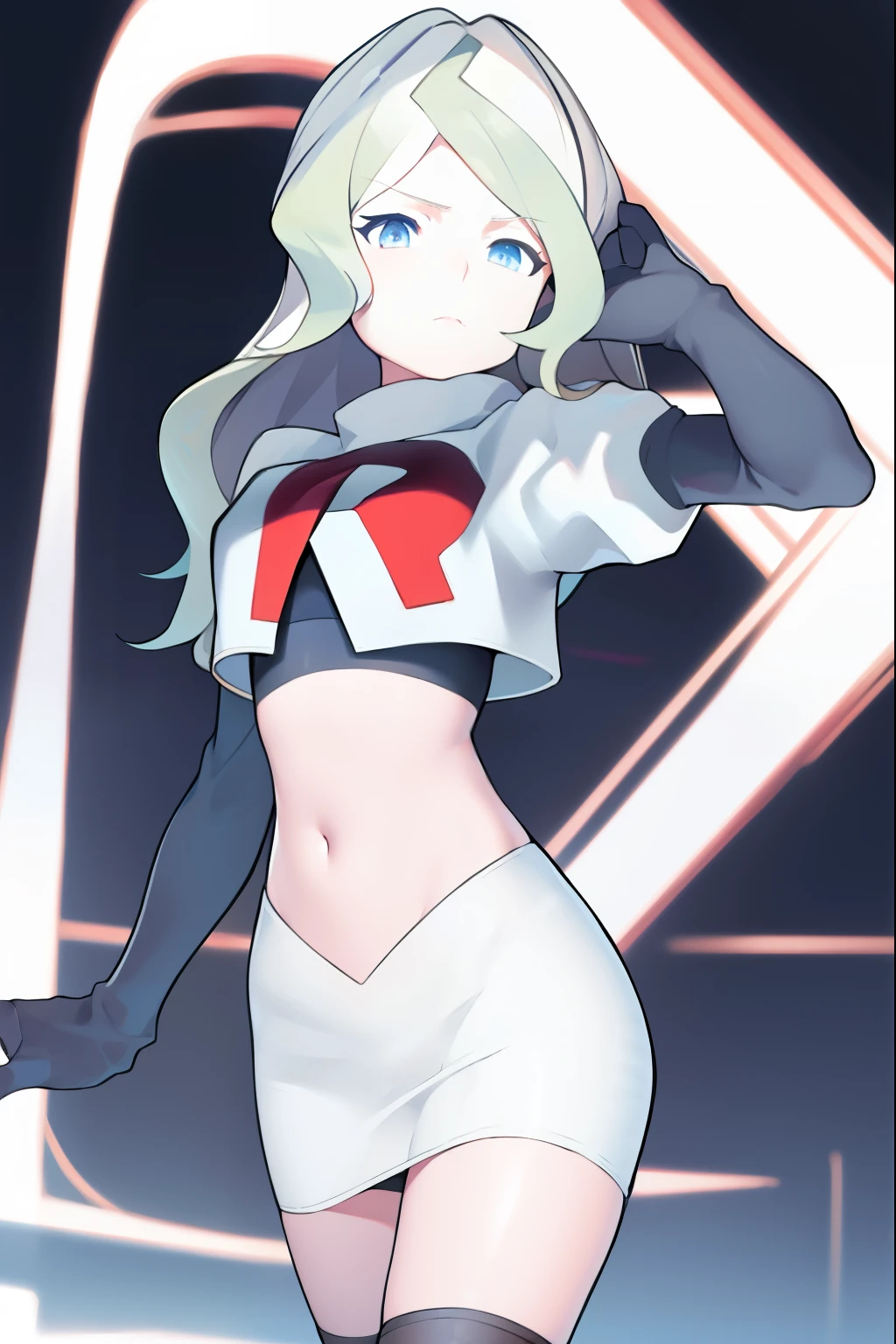 masterpiece, best quality, absurdres, perfect anatomy, 1girl, solo, DianaCavendish, long hair, DianaCavendishBase, team rocket,team rocket uniform, red letter R, white skirt,white crop top,black thigh-highs,black elbow gloves,