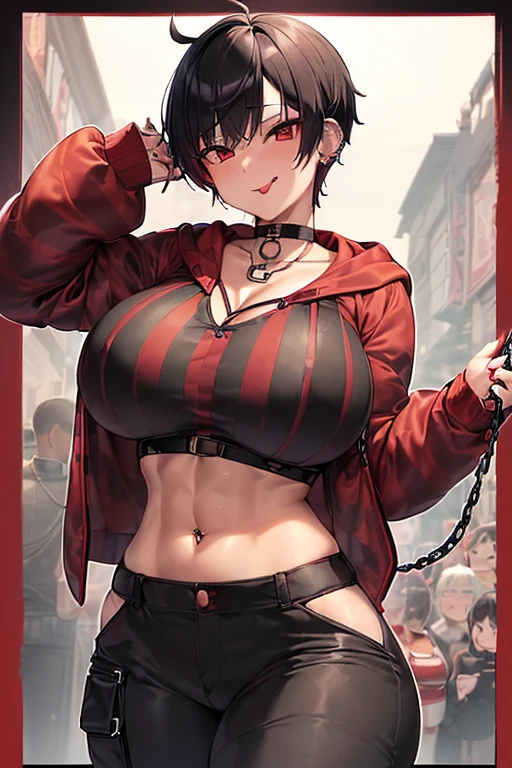 ((thin-waist、abdominals))、de pele branca、(((huge udder、gigantic breasts)))、((khaki hooded coat、Red and black horizontal striped shirt、short-hair、Black hair with red mesh、hair pin、Red cheeks、sticking out the tongue、a choker、piercings、Chain Necklace、Black Cargo Pants、Tomboy、provocative smiling))