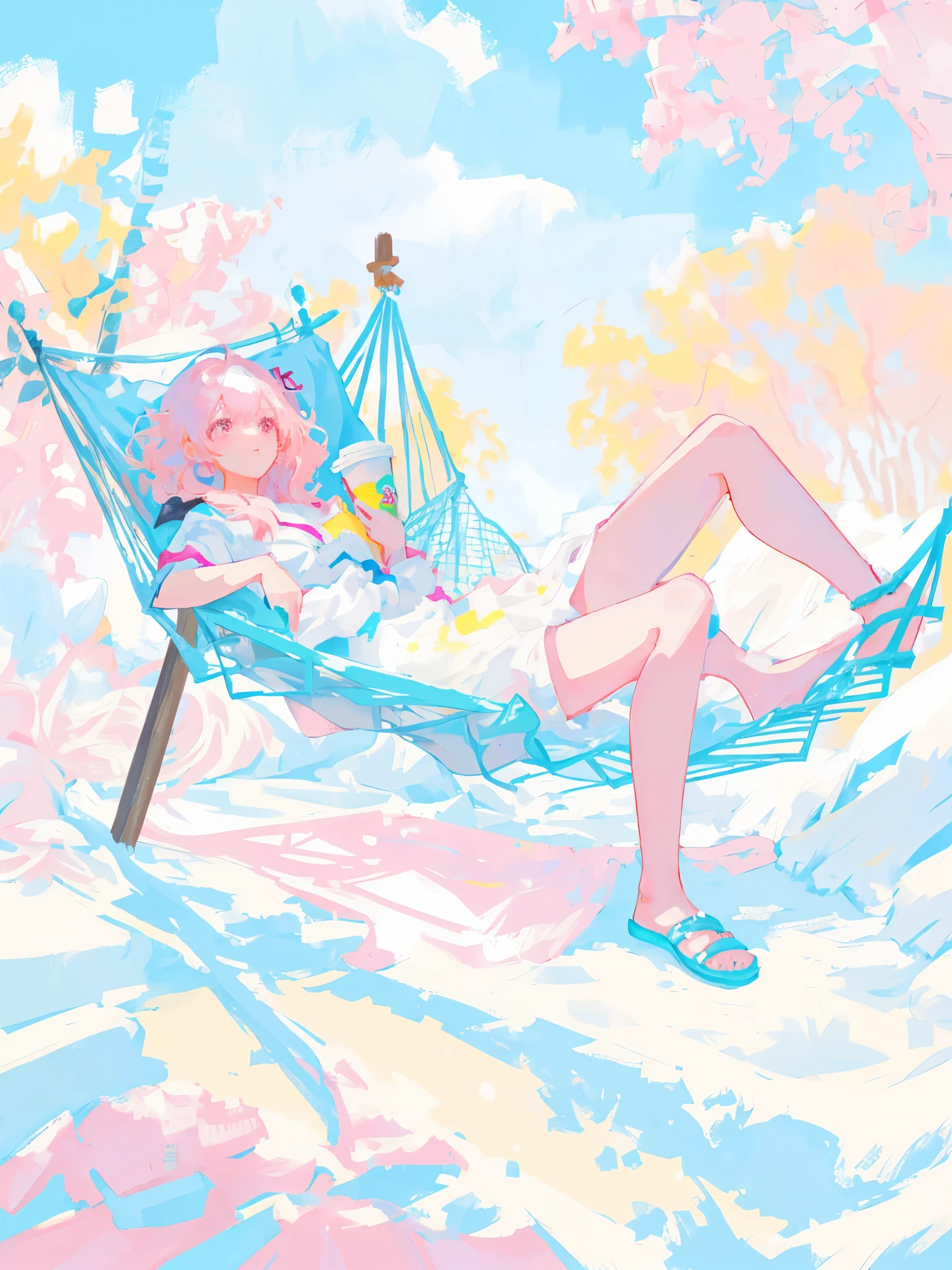 1girl, pink hair, lying in a hammock, golding a cup, a girl running in the background, clean lineart, intense line art, snow, day, high lights, high contrast, beauty paint pastel paint, beauty art, amazing, 8k