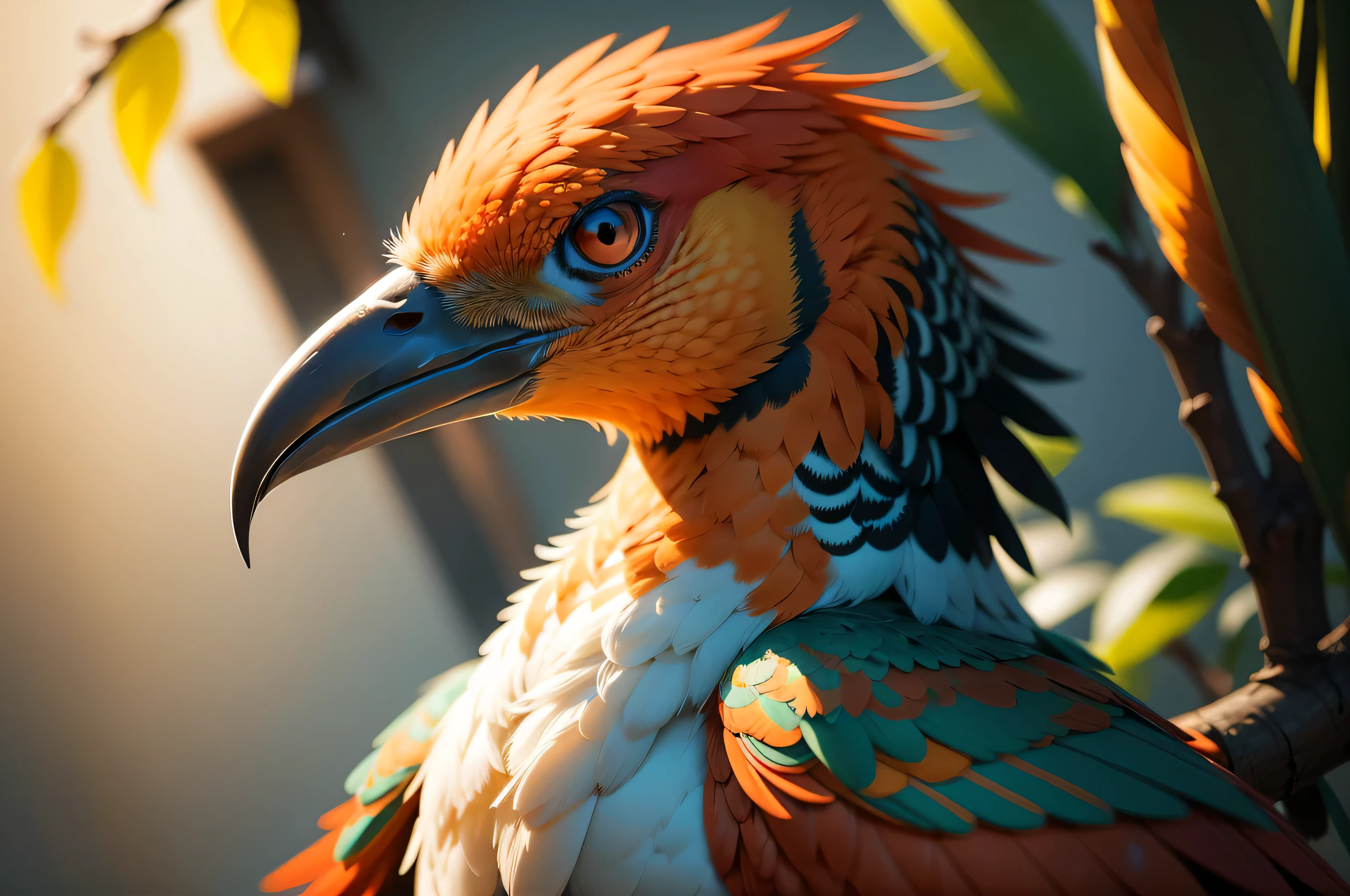 Compose an image showing a majestic bird with a fiery palette of orange and red feathers..... The bird'El ojo debe ser de un color llamativo turquesa...., en contraste con el plumaje contrastante, con un agudo, pico curvo. The feathers are detailed with different shades...., adding a sense of texture and depth. en segundo plano, incluir suave, out-of-focus lights to give an ethereal look..., bokeh effect complementing the sharp focus on the bird'cabeza.