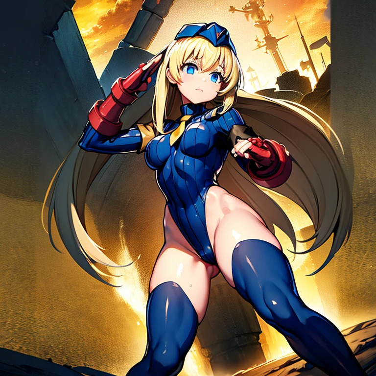 ultra-detailed, Explicit, Beautiful body, Beautiful Nose, Beautiful character design, perfect eyes, perfect face, ultra highres, 4K, beautiful legs, perfect legs, Nice hands, Perfect hand, Masterpiece, Best Quality, Highly detailed, illustration, absurdres, street fighter, doll suit, shadaloo doll, dollsuit, expressionless, blank eyes, looking at viewer, red gloves, emotionless, black latex, corrution, mind control, female combatant, full body, hypnotized, unhappy trance, full body suit, ribbed bodysuit, both arms at side, obey, perfect female body, extremely glossy latex, hypnosis, hypnoLora, empty eyes, Mind control device, poses, submissive_pose, Slave, hat, necktie, stand up straight, standing, standing at attention, hat, yellow necktie, belt, latex, ribbed bodysuit, thighhighs, garter belt, Fighting Stance, extending the right arm from the shoulder into the air with a straightened hand, nazi saluting, military, military saluting, salute, thigh boots, 1girl, Goblin slayer, Priestess, blue eyes, blonde hair, long hair