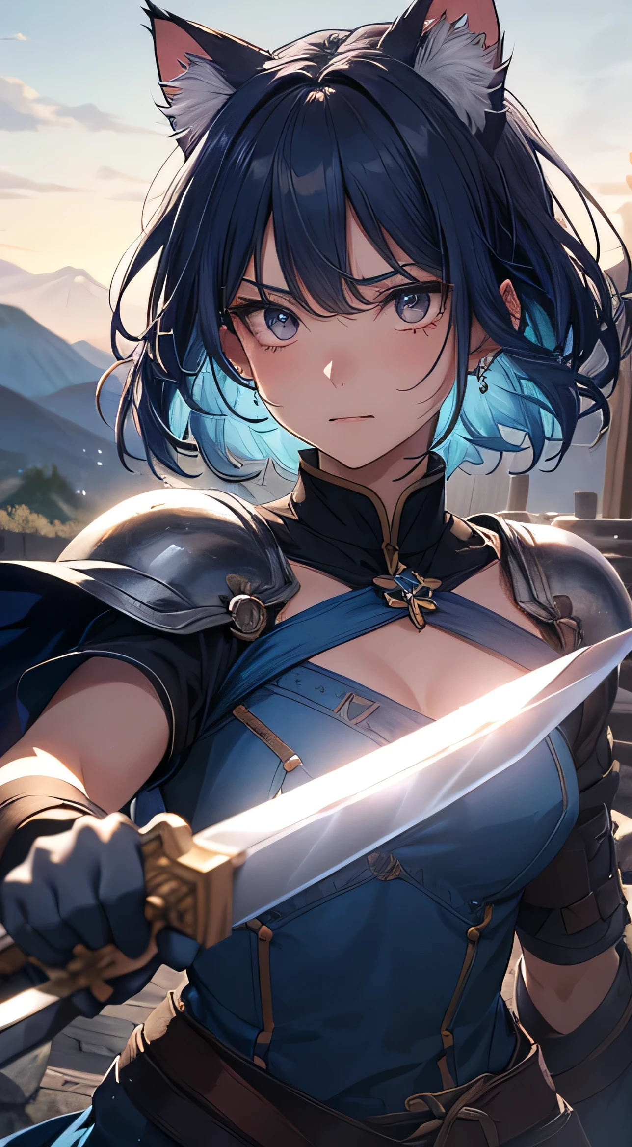 best quality, masterpiece,phSaber, phAltoria, 1girl, solo, armor, weapon, sword, glowing sword, glowing weapon, french braid, armored dress, glowing, gauntlets, holding, breastplate, hair bun, upper body