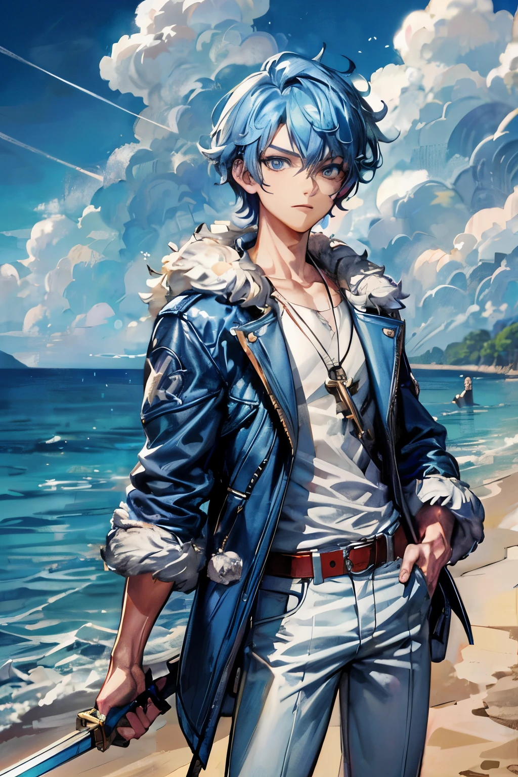 a man with blue hair holding a sword, 2 d anime style, handsome guy in demon slayer art, detailed anime character art, anime boy, 2 d anime, badass anime 8 k, detailed key anime art, anime cover, anime style 4 k, young anime man, tall anime guy with blue eyes, high quality anime artstyle, detailed digital anime art