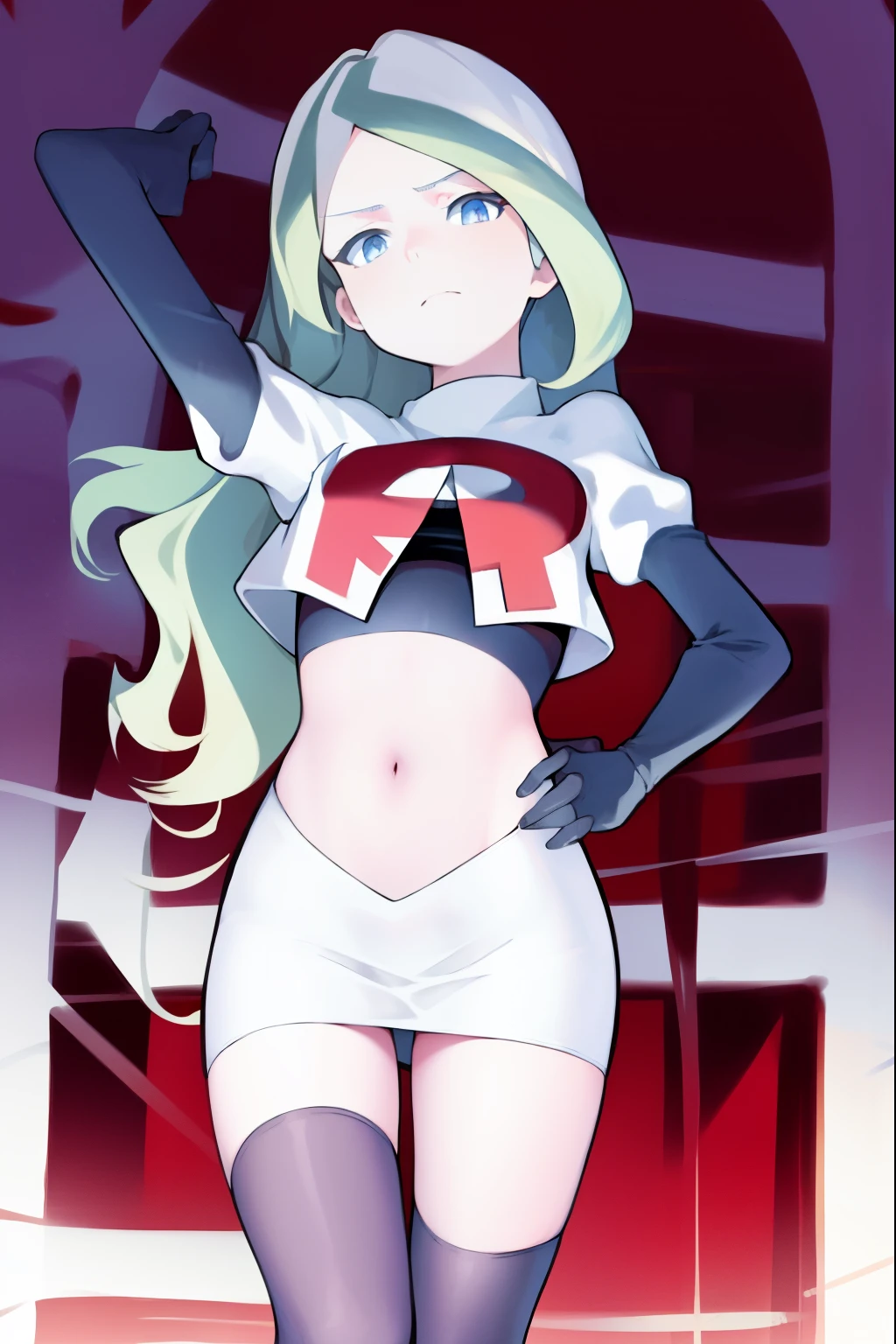 masterpiece, best quality, absurdres, perfect anatomy, 1girl, solo, DianaCavendish, long hair, DianaCavendishBase, team rocket,team rocket uniform, red letter R, white skirt,white crop top,black thigh-highs,black elbow gloves,