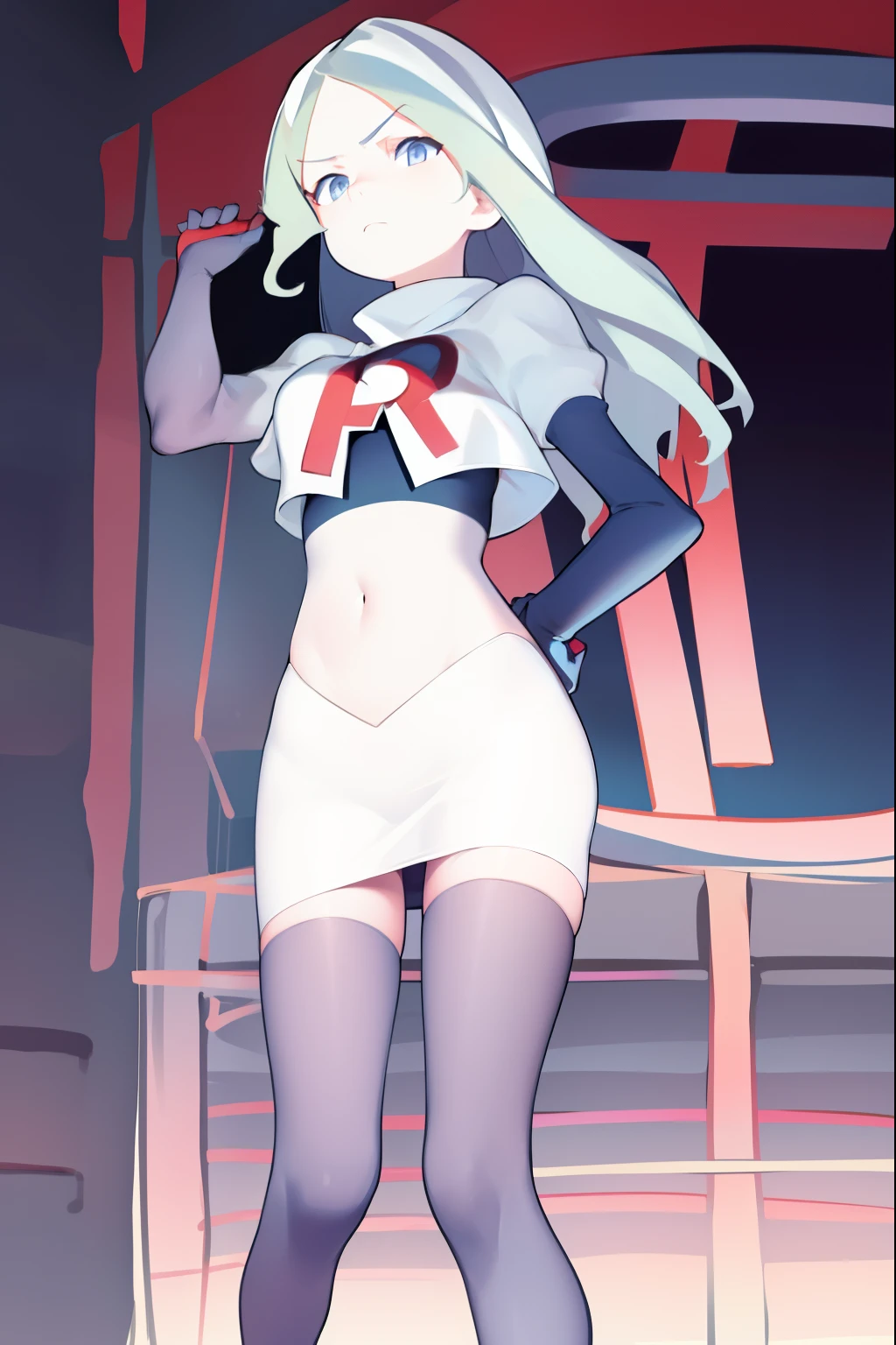 masterpiece, best quality, absurdres, perfect anatomy, 1girl, solo, DianaCavendish, long hair, DianaCavendishBase, team rocket,team rocket uniform, red letter R, white skirt,white crop top,black thigh-highs,black elbow gloves,