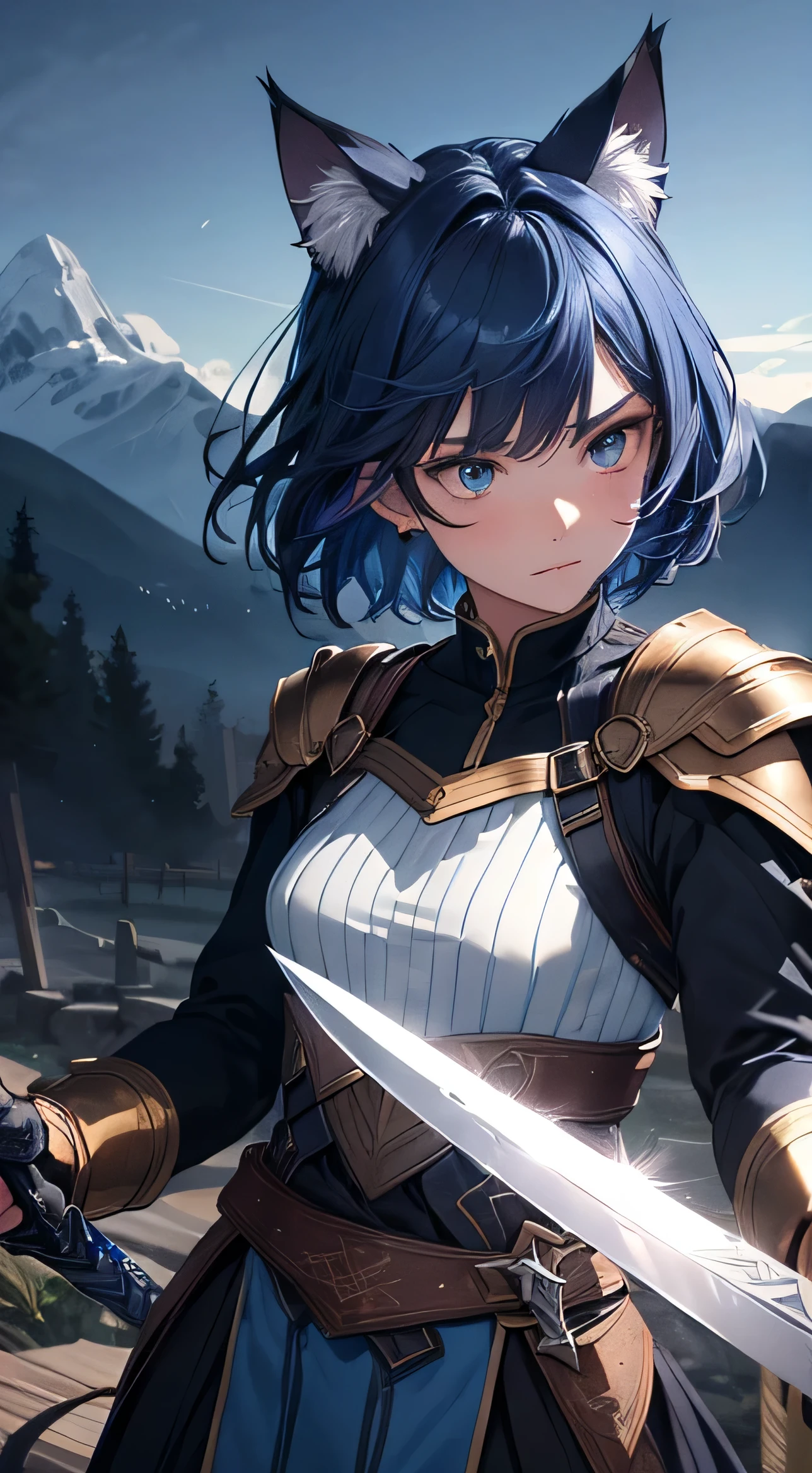 beautiful detail한 소녀, Clear and beautiful, radiant skin, girls, femele, young, 20yo, bobbed hair, short-hair, beautiful detail glass hair, ((Wielding a big sword, Combat posture)) ((colorful blue greek costumes)) beautiful detail, cold face, cold expression, beautiful-detailed eyes, medium 가슴, Brown eyes, Full-fledged skin texture, Very good 8KCG wallpapers, very fine 8K CG wallpaper, watercolor (medium), female warrior, (((cat ear))), Wielding a sword, Attacking stance, levitation, (((Dark, Dark Night, deep night))) (((Natural background, mountains, wood))), ((plein air)), upper body cut, Costume colors are colorful and saturated..,