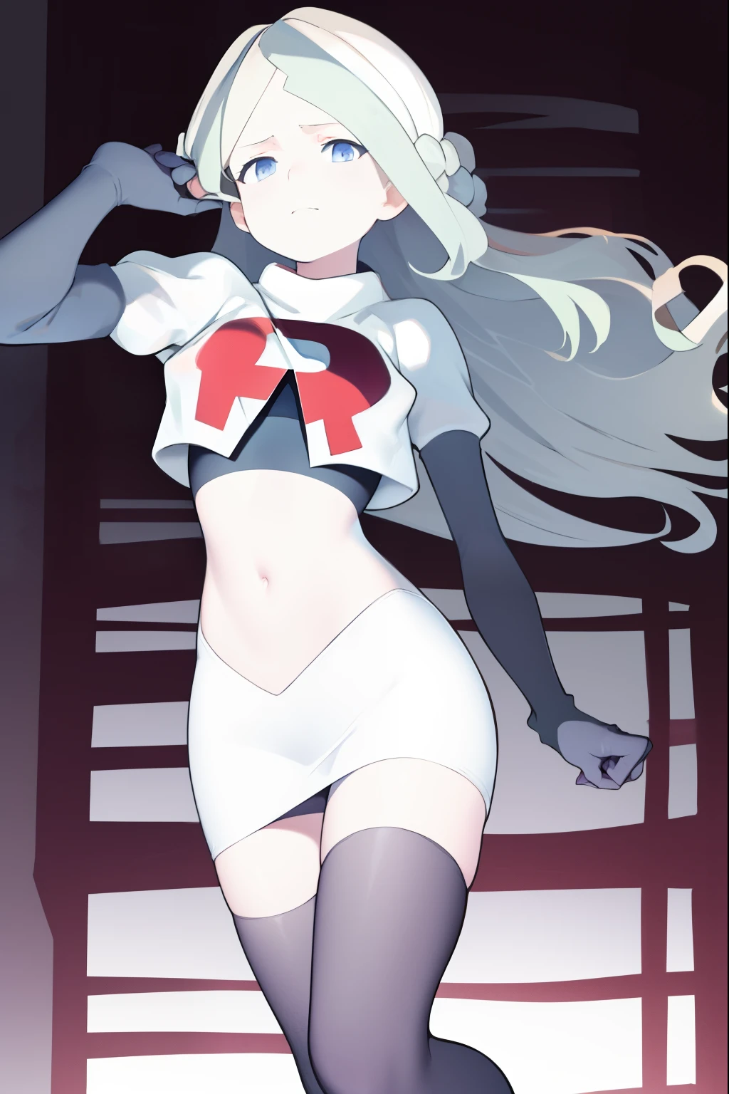 masterpiece, best quality, absurdres, perfect anatomy, 1girl, solo, DianaCavendish, long hair, DianaCavendishBase, team rocket,team rocket uniform, red letter R, white skirt,white crop top,black thigh-highs,black elbow gloves,