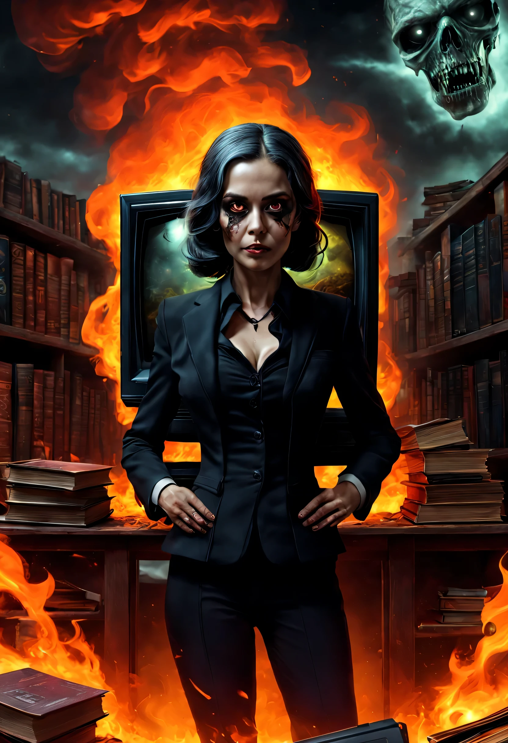 (imagen exquisita), hembra, viejo televisor negro, traje negro ajustado, cintura delgada, espacio aterrador, Biblioteca en segundo plano, Libros flotantes, no-muerto, zombis, film type composition,HellAI,Fuego,CART00D