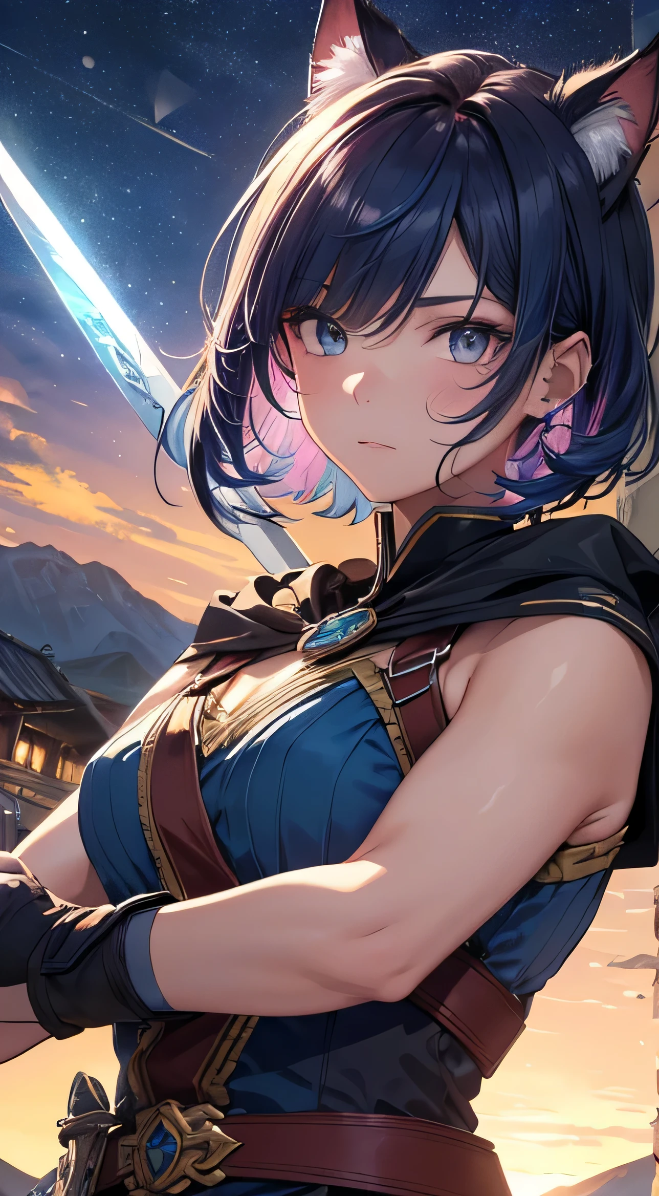beautiful detail한 소녀, Clear and beautiful, radiant skin, girls, femele, young, 20yo, bobbed hair, short-hair, beautiful detail glass hair, ((Wielding a big sword, Combat posture)) ((colorful blue greek costumes)) beautiful detail, cold face, cold expression, beautiful-detailed eyes, medium 가슴, Brown eyes, Full-fledged skin texture, Very good 8KCG wallpapers, very fine 8K CG wallpaper, watercolor (medium), female warrior, (((cat ear))), Wielding a sword, Attacking stance, levitation, (((Dark, Dark Night, deep night))) (((Natural background, mountains, wood))), ((plein air)), upper body cut, Costume colors are colorful and saturated..,