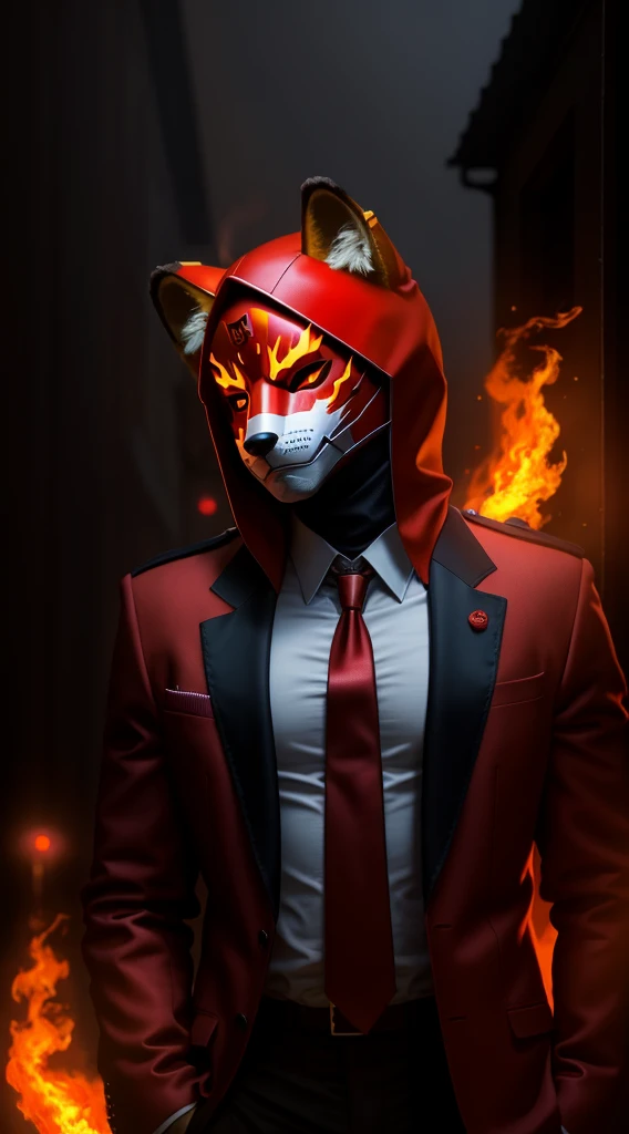 There&#39;s a man in a shirt, tie and mask standing in a hell of fire.,The whole body is surrounded by flame special effects， Villain wearing red ghost mask, Fox mask on head, with Fox mask, wearing a Fox mask, Fox mask, Wojtechfors, profile picture 1024px, Portrait shooting, movie 4k wallpaper, movie 4k wallpaper, Red and movie lighting