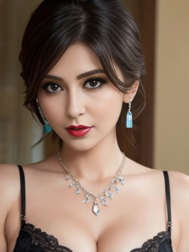 Lebanese lady, diamond dangling earrings, necklace, bracelets, small breasts, blue satin dress, sad, hot, blush, side swept hair style, cleavages, radiant skin, 40 years old, innocent face, smokey eyes