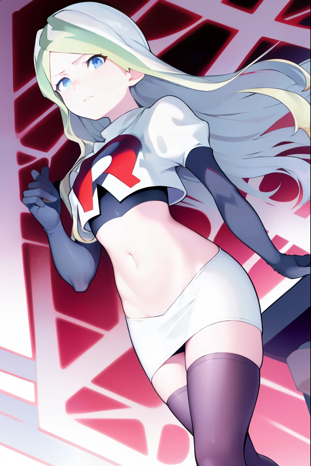 masterpiece, best quality, absurdres, perfect anatomy, 1girl, solo, DianaCavendish, long hair, DianaCavendishBase, team rocket,team rocket uniform, red letter R, white skirt,white crop top,black thigh-highs,black elbow gloves,